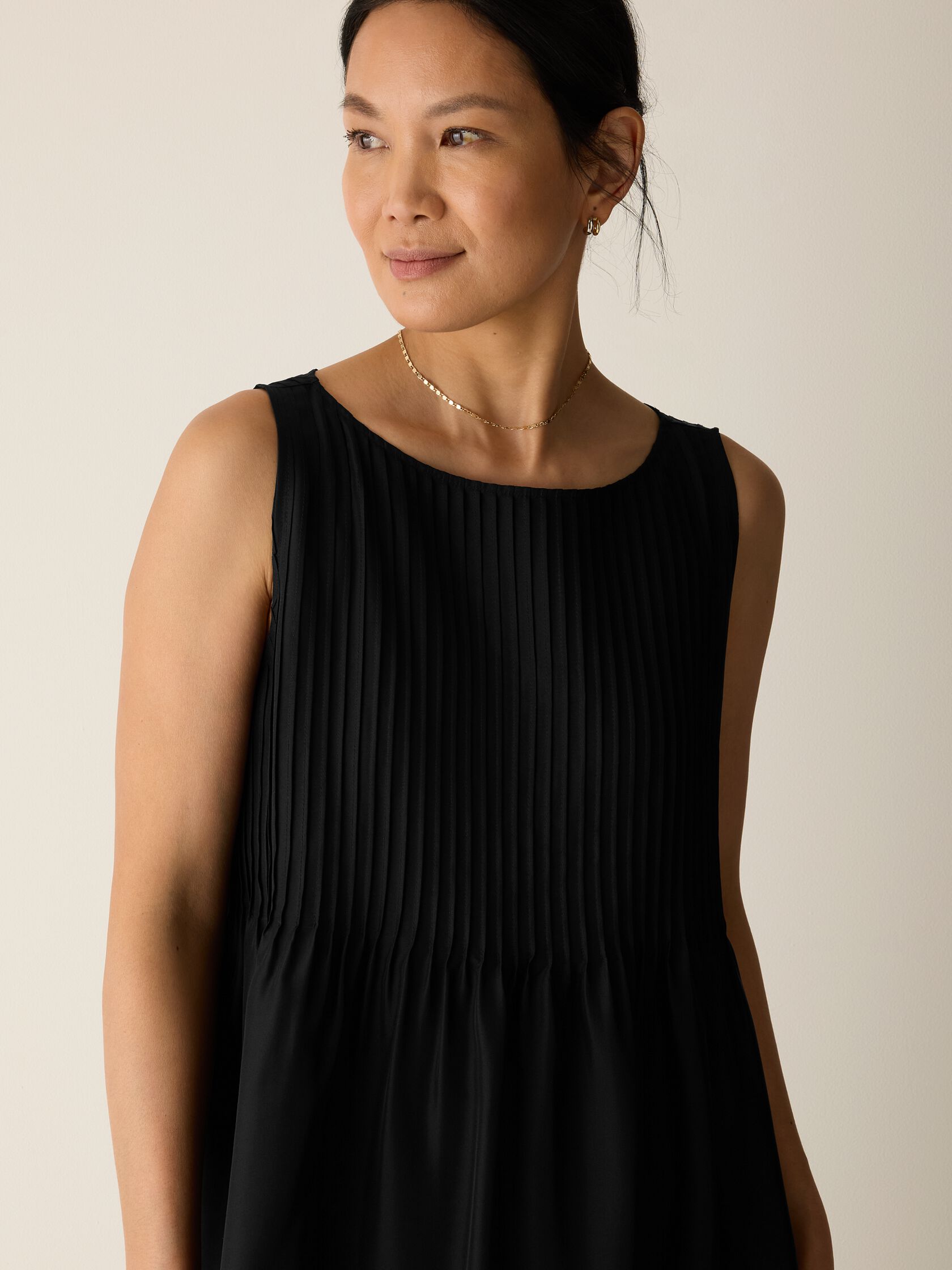 Pleated Silk Bateau Neck Dress