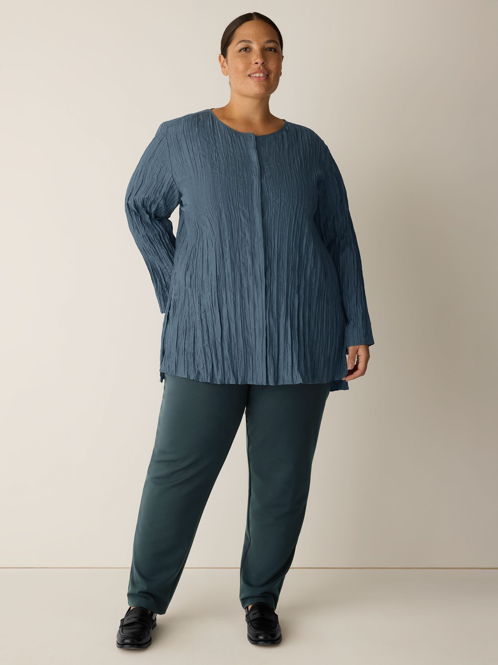 Crinkle Silk Habutai Round Neck Shirt