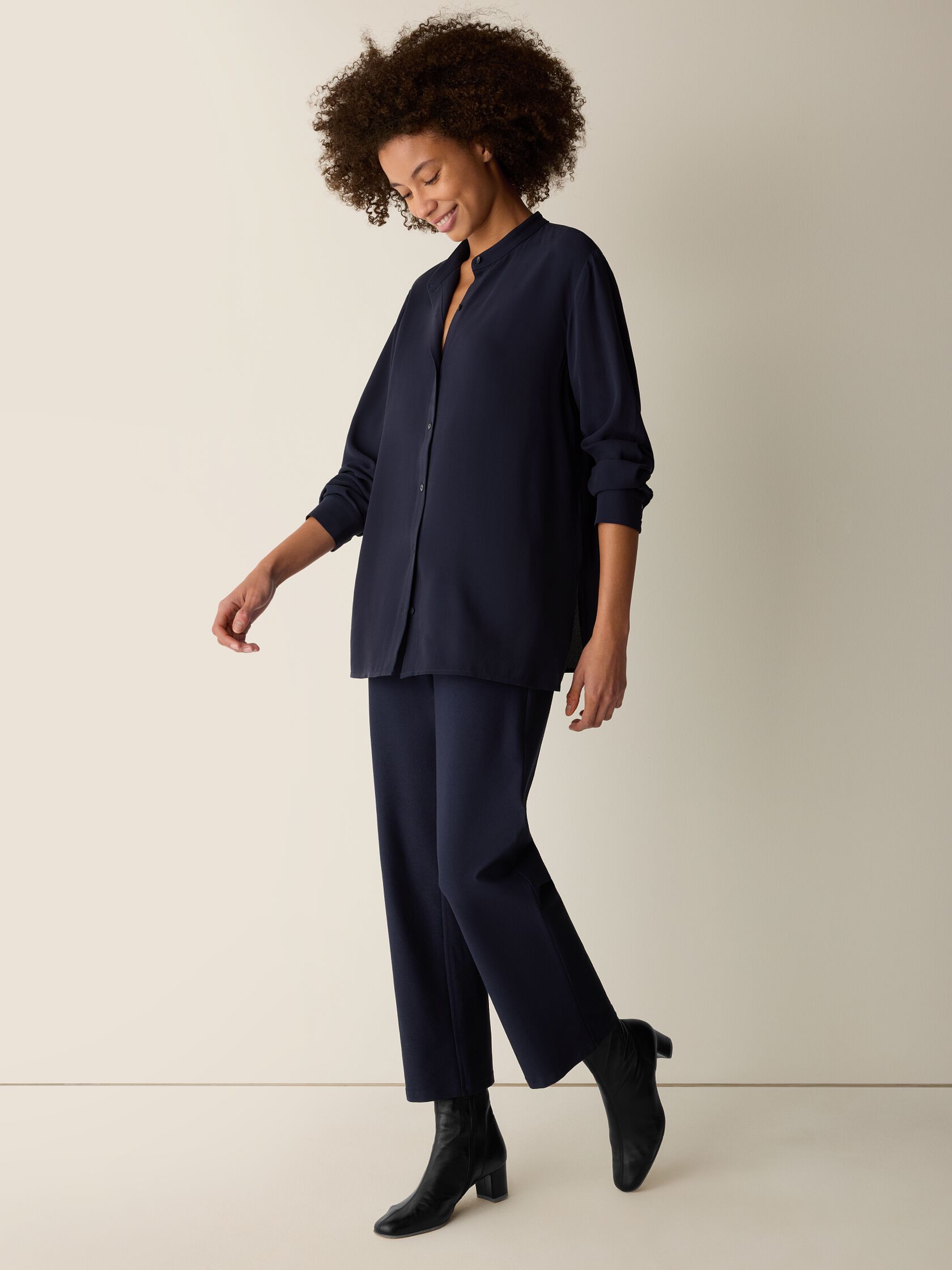 Silk Georgette Crepe Band Collar Shirt