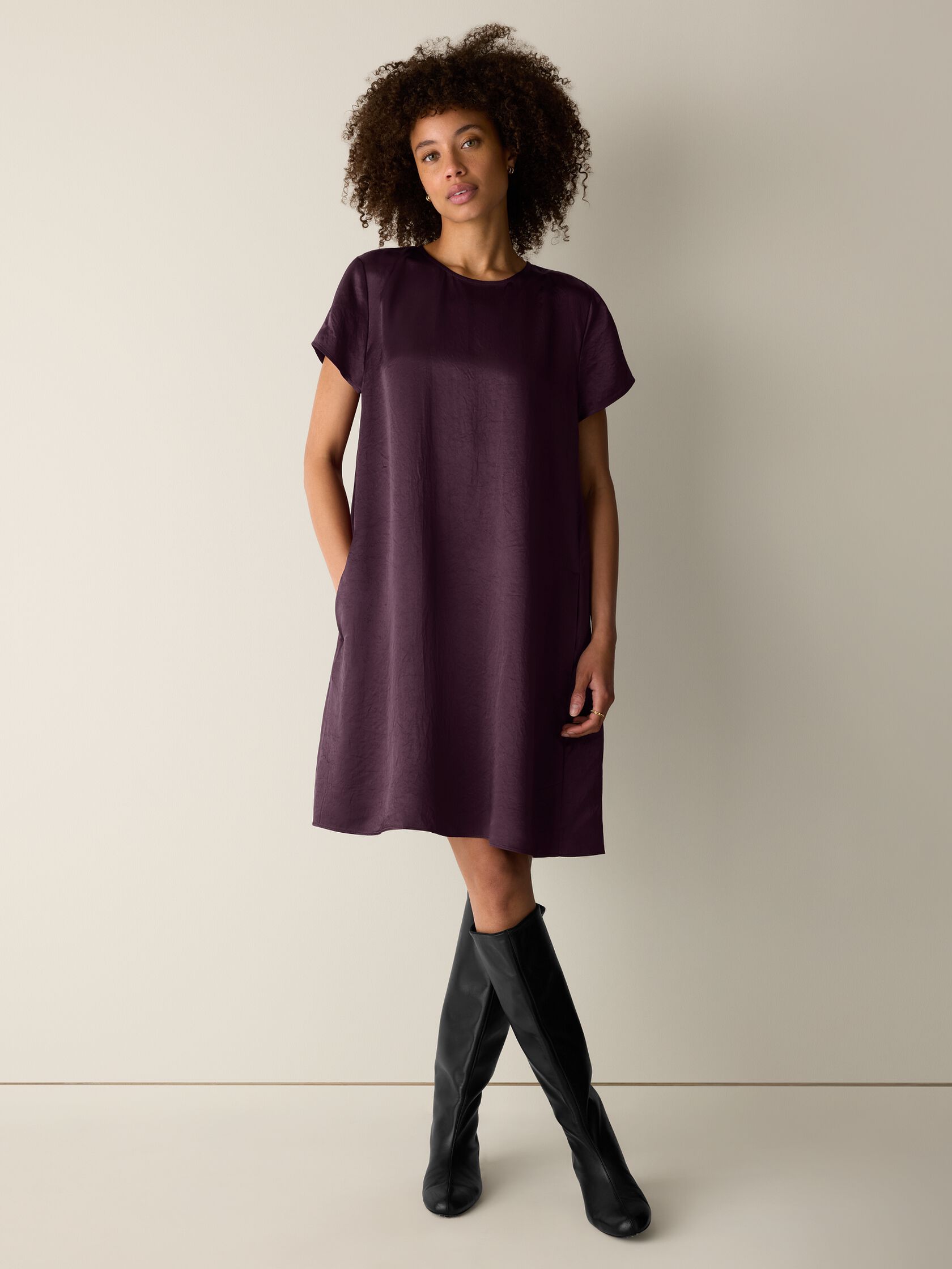 Textured Satin Round Neck Dress