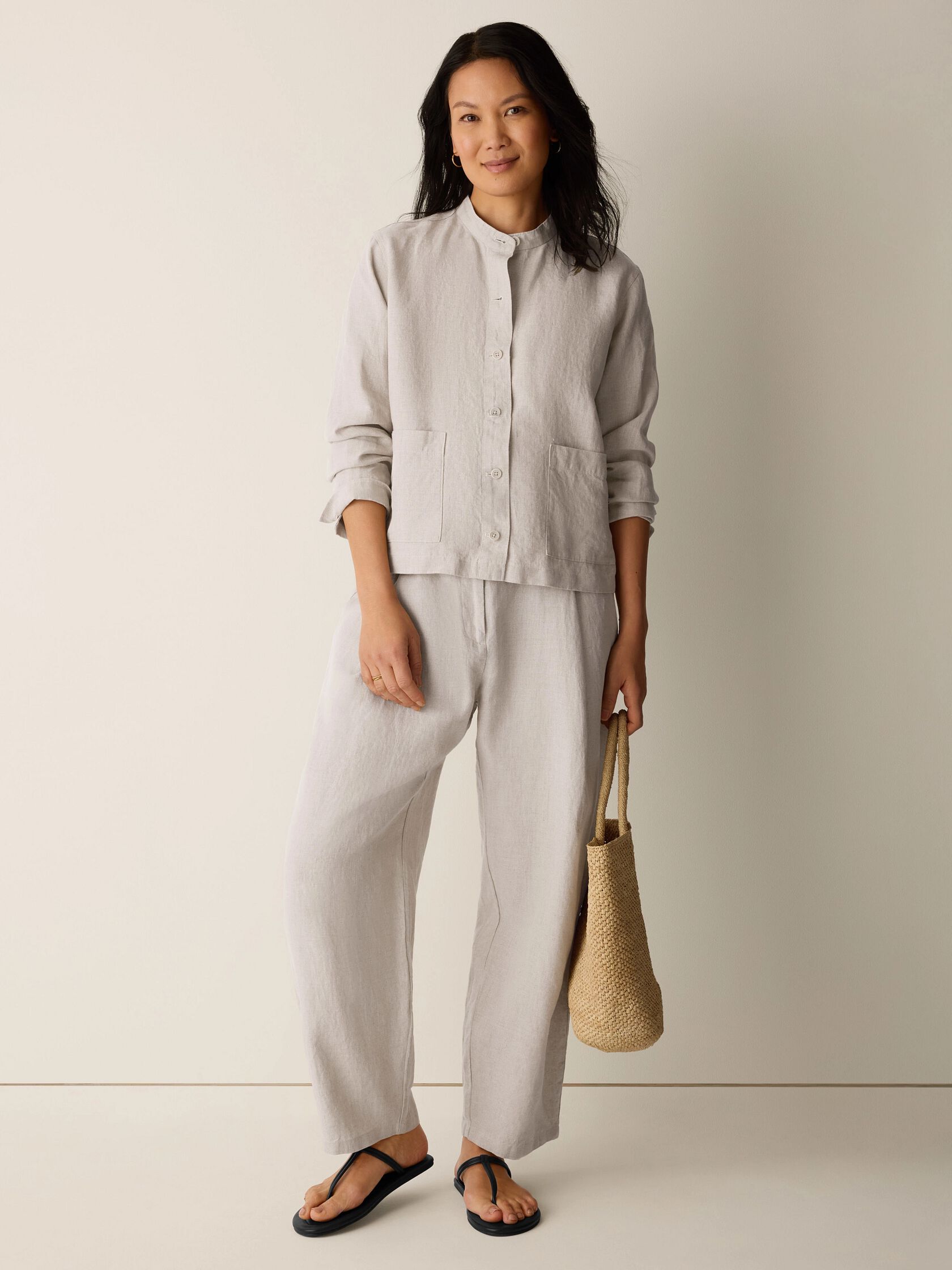 Organic Linen Band Collar Shirt Jacket