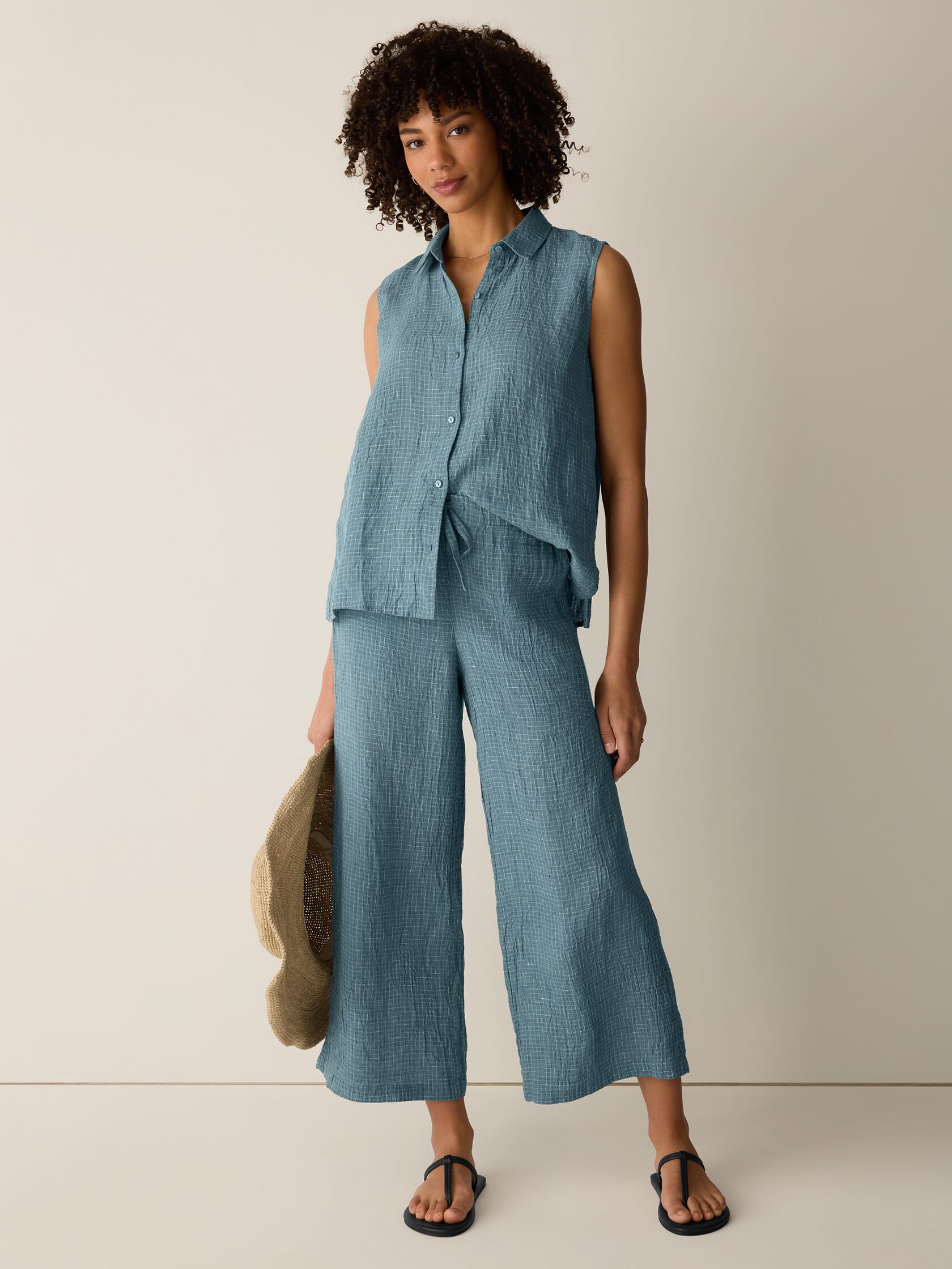 Puckered Organic Linen Grid Wide-Leg Pant
