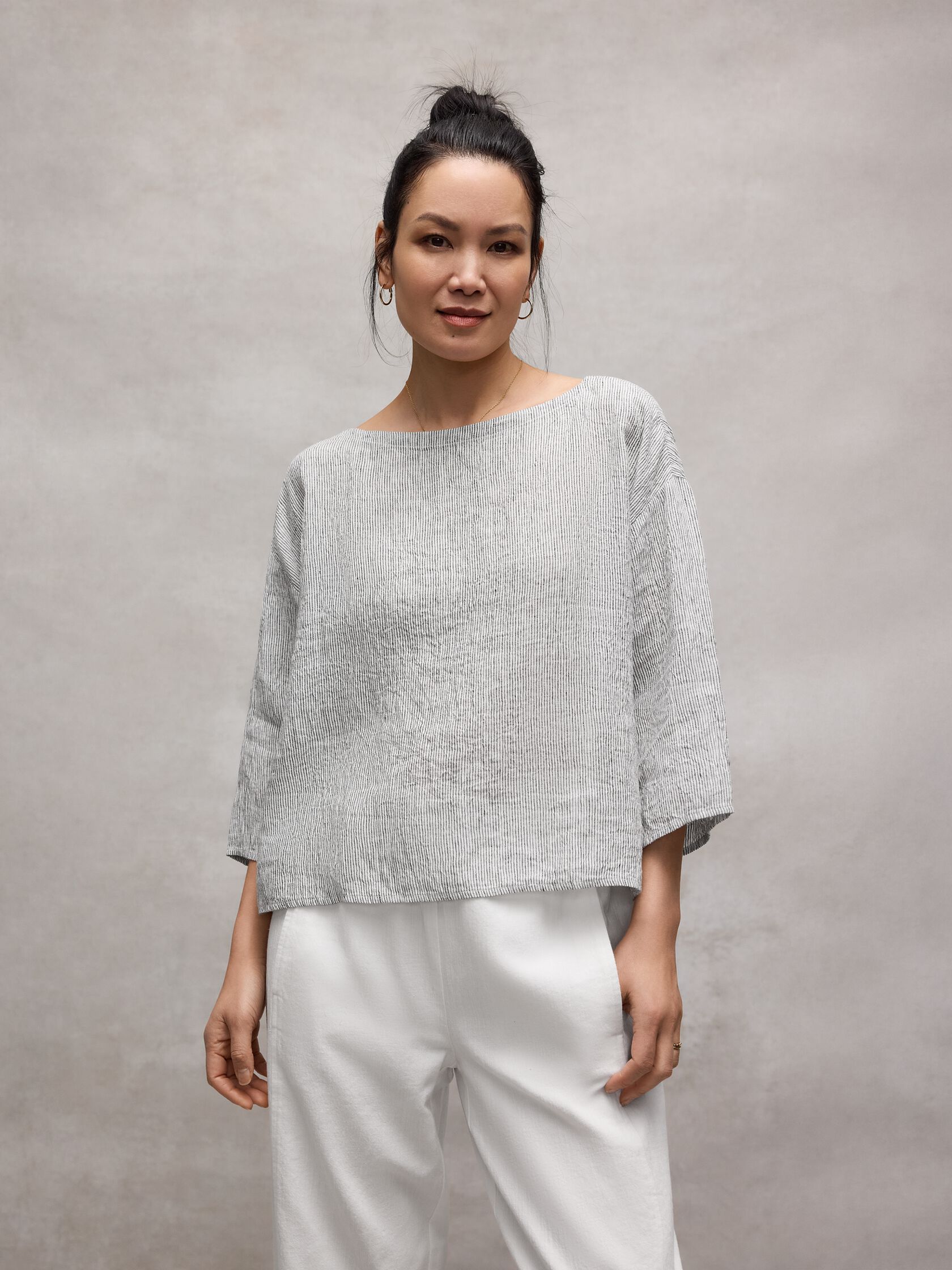 Puckered Organic Linen Stripe Box-Top