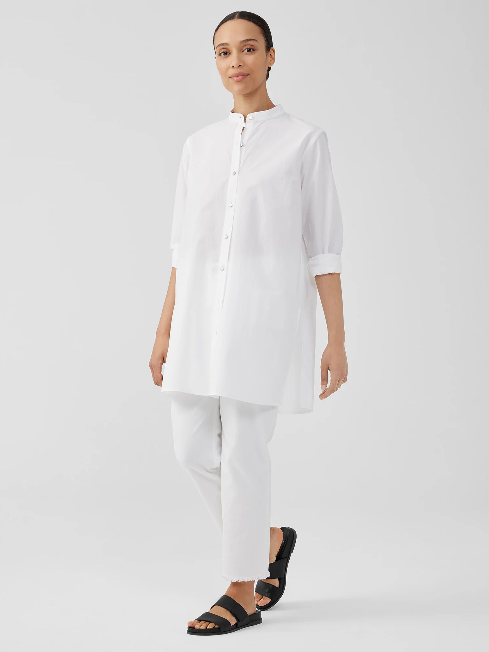 Washed Organic Cotton Poplin Mandarin Collar Long Shirt