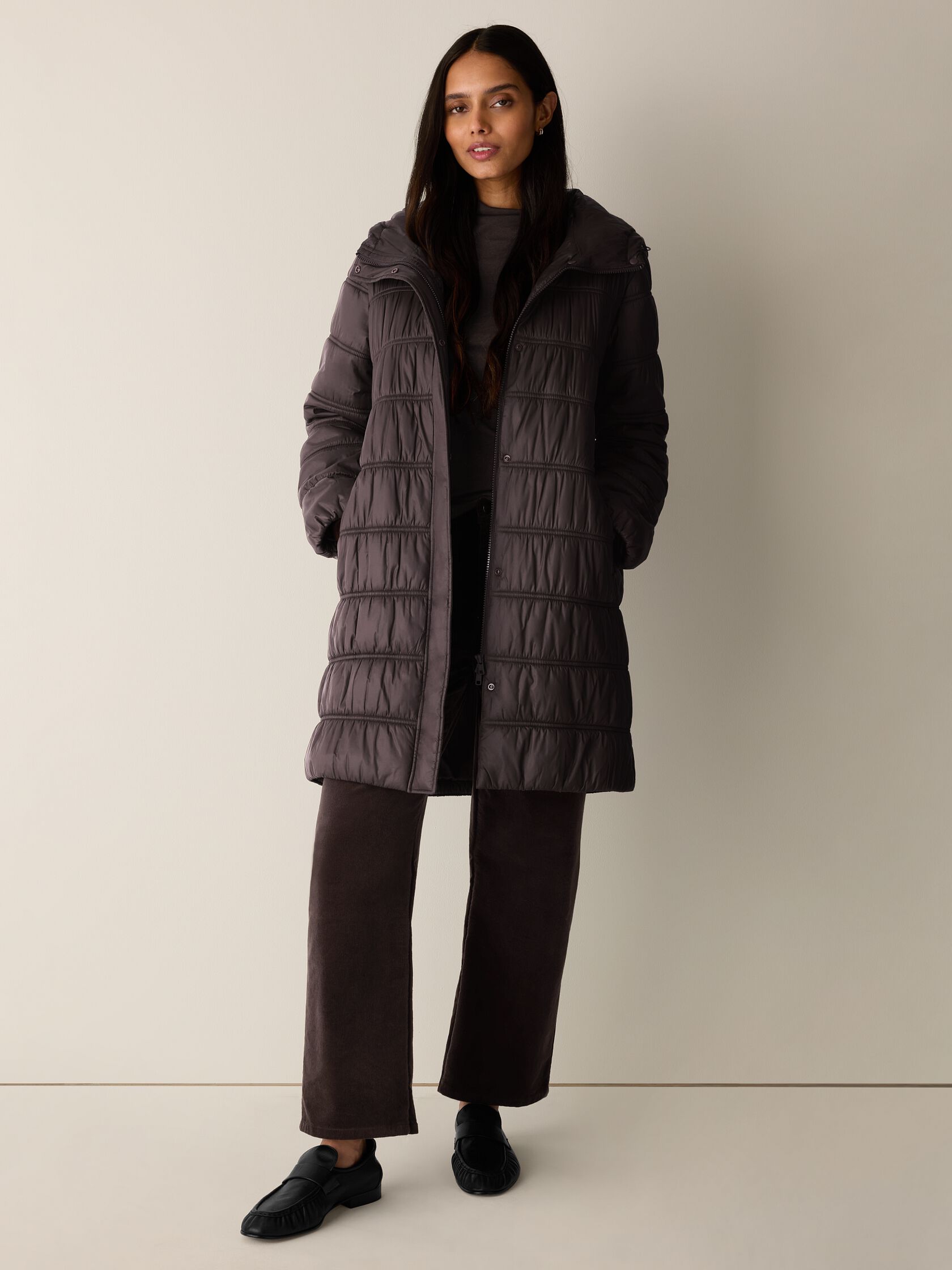 Eggshell Recycled Nylon Hooded Quilted Coat