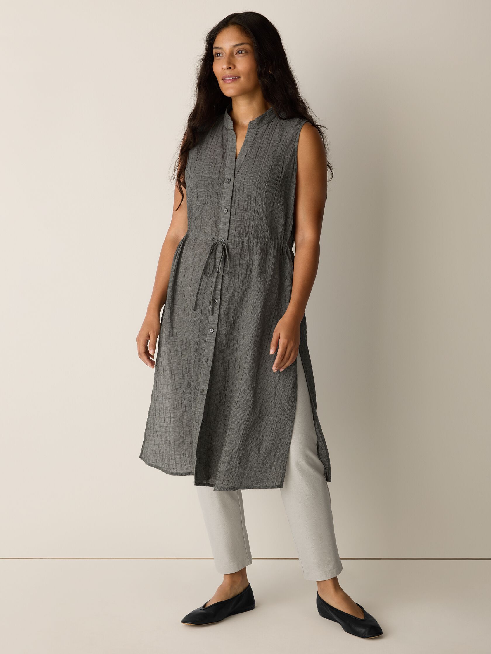Organic Cotton Microstripe Pucker Band Collar Shirt