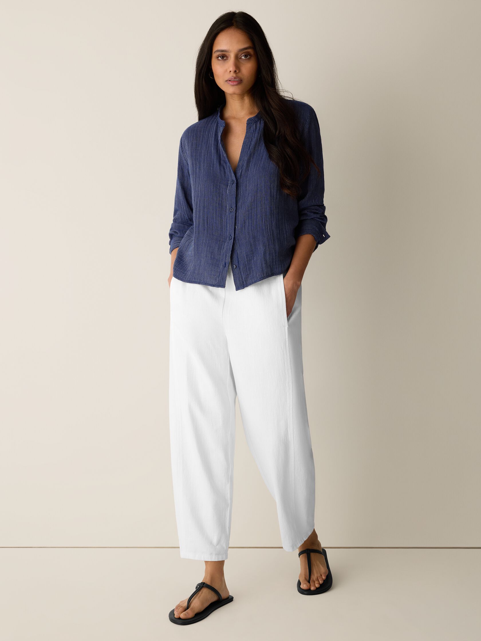 Striped Organic Cotton Gauze Band Collar Shirt