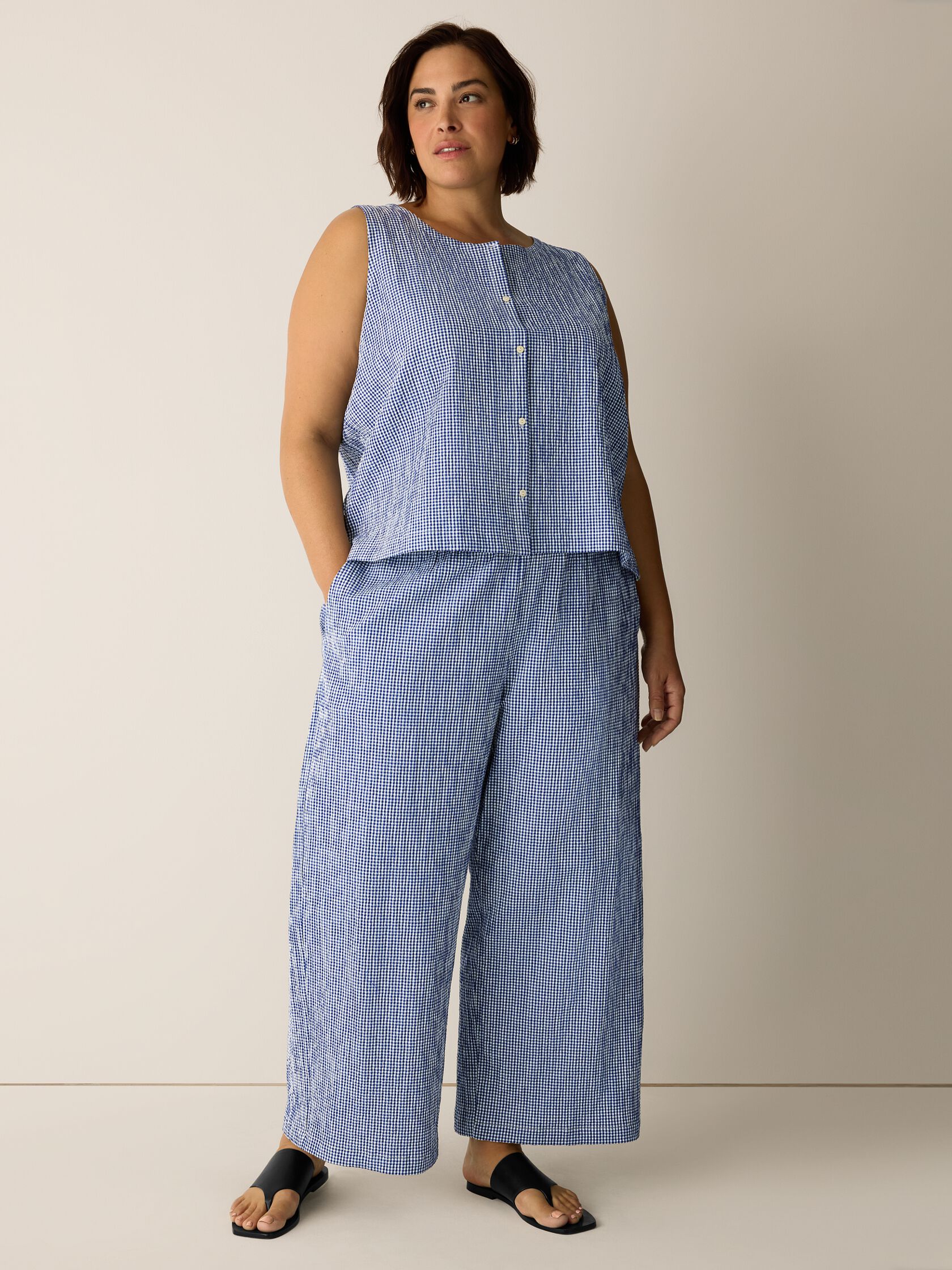 Organic Cotton Pucker Check Wide-Leg Pant