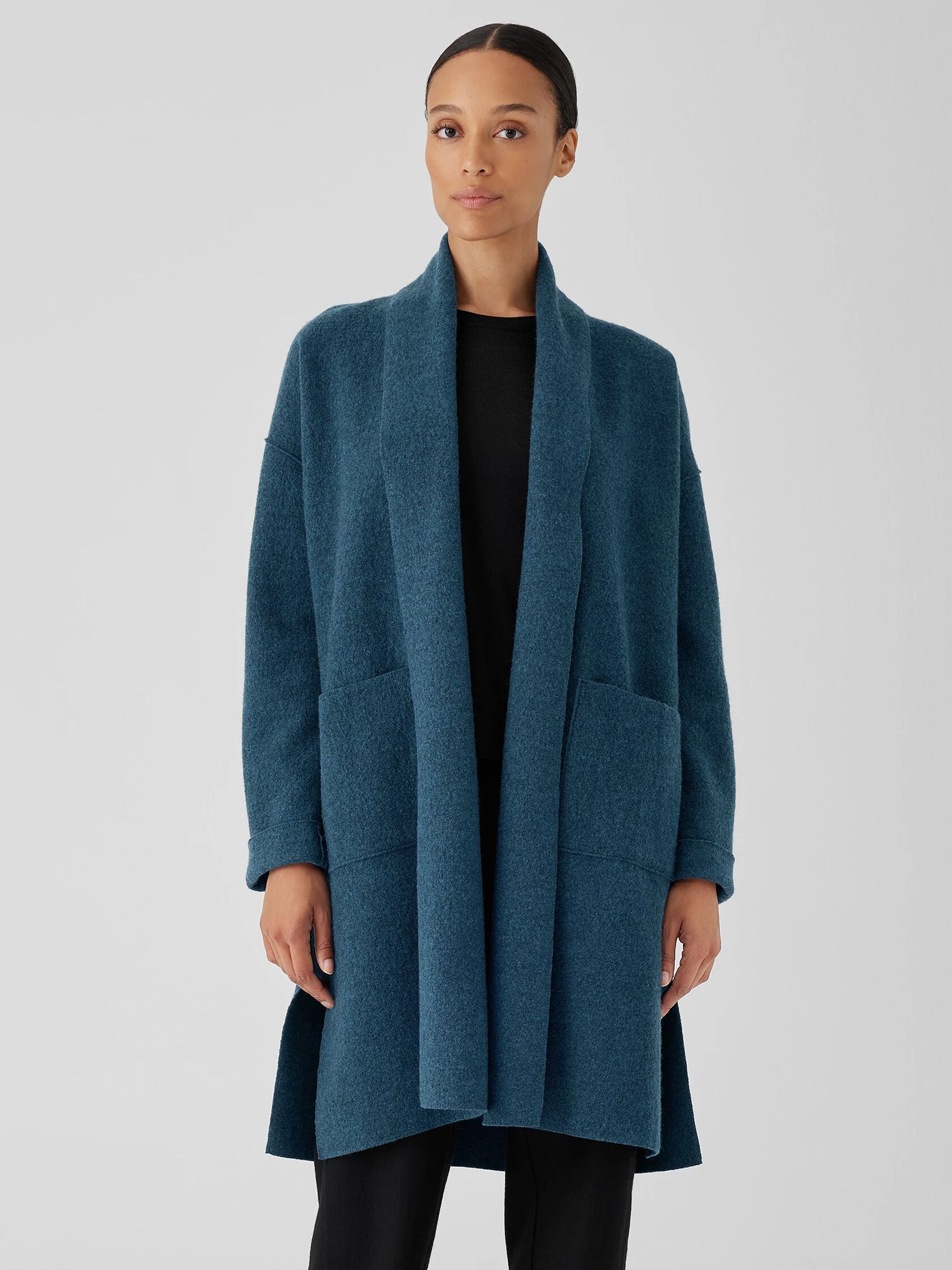 Lightweight Boiled Wool High Collar Coat in Regenerative Wool