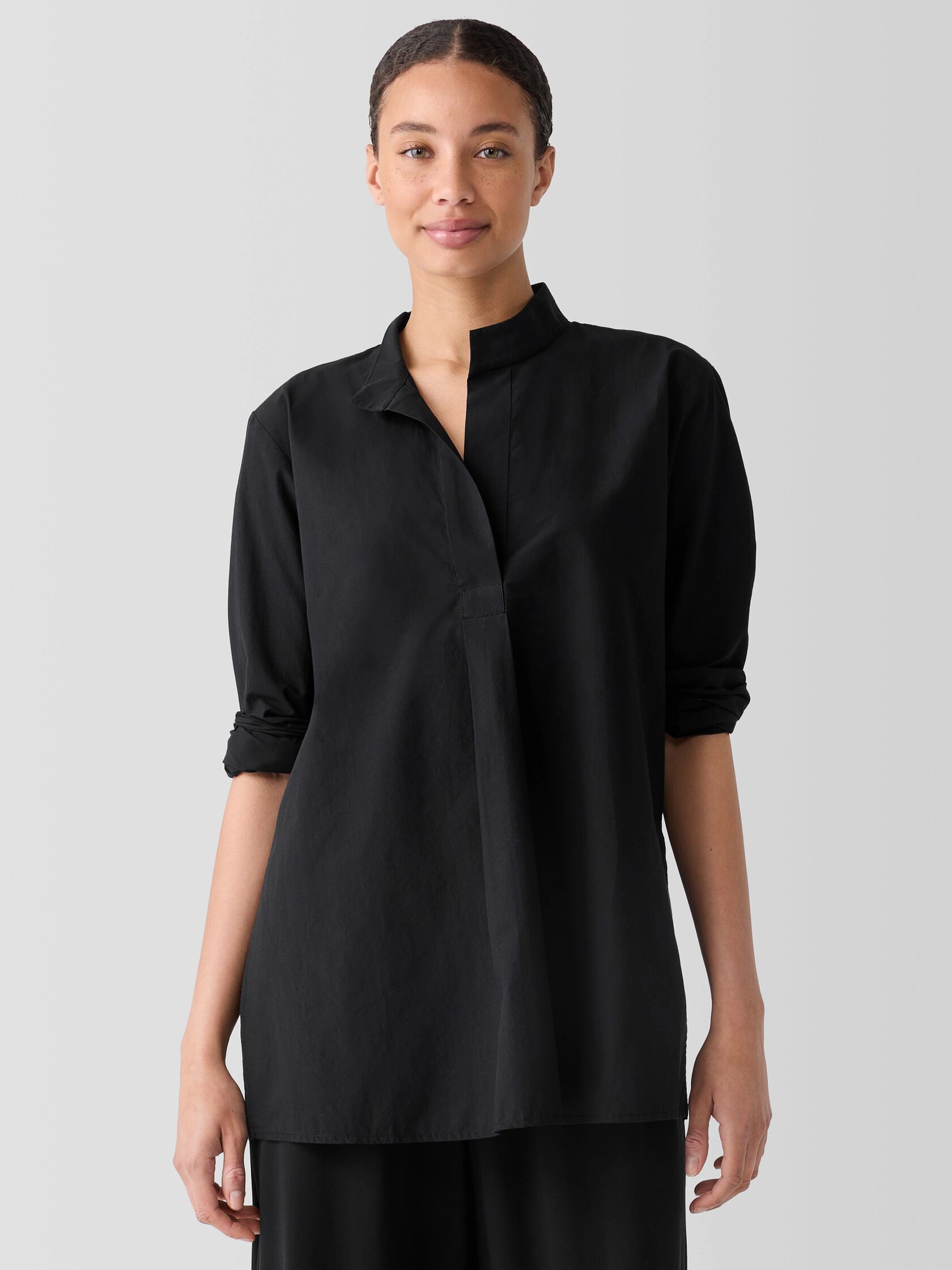 Washed Organic Cotton Poplin Stand Collar Top