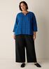 Puckered Organic Linen Plaid Keyhole Top