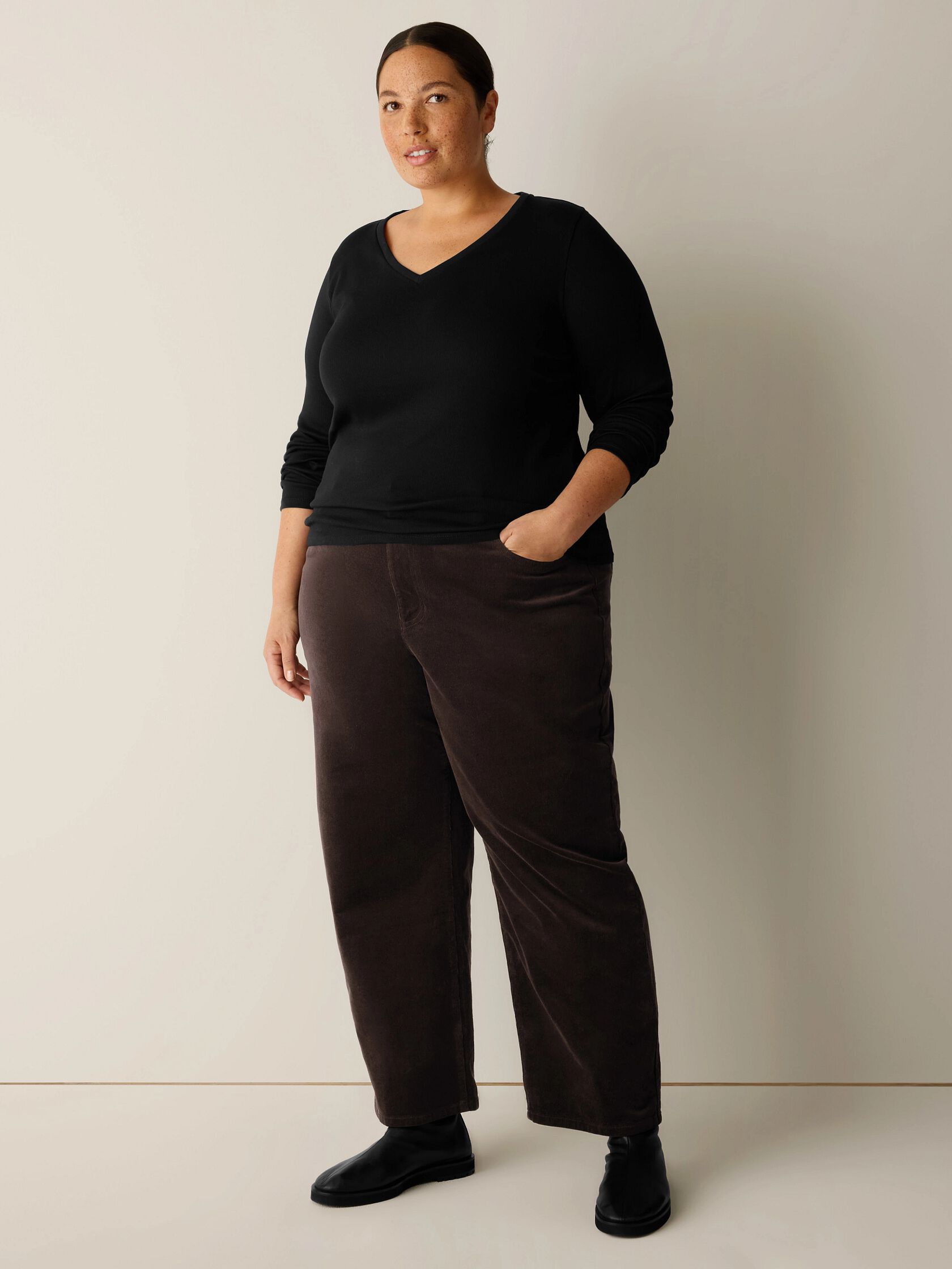 Organic Cotton Stretch Rib V-Neck Top