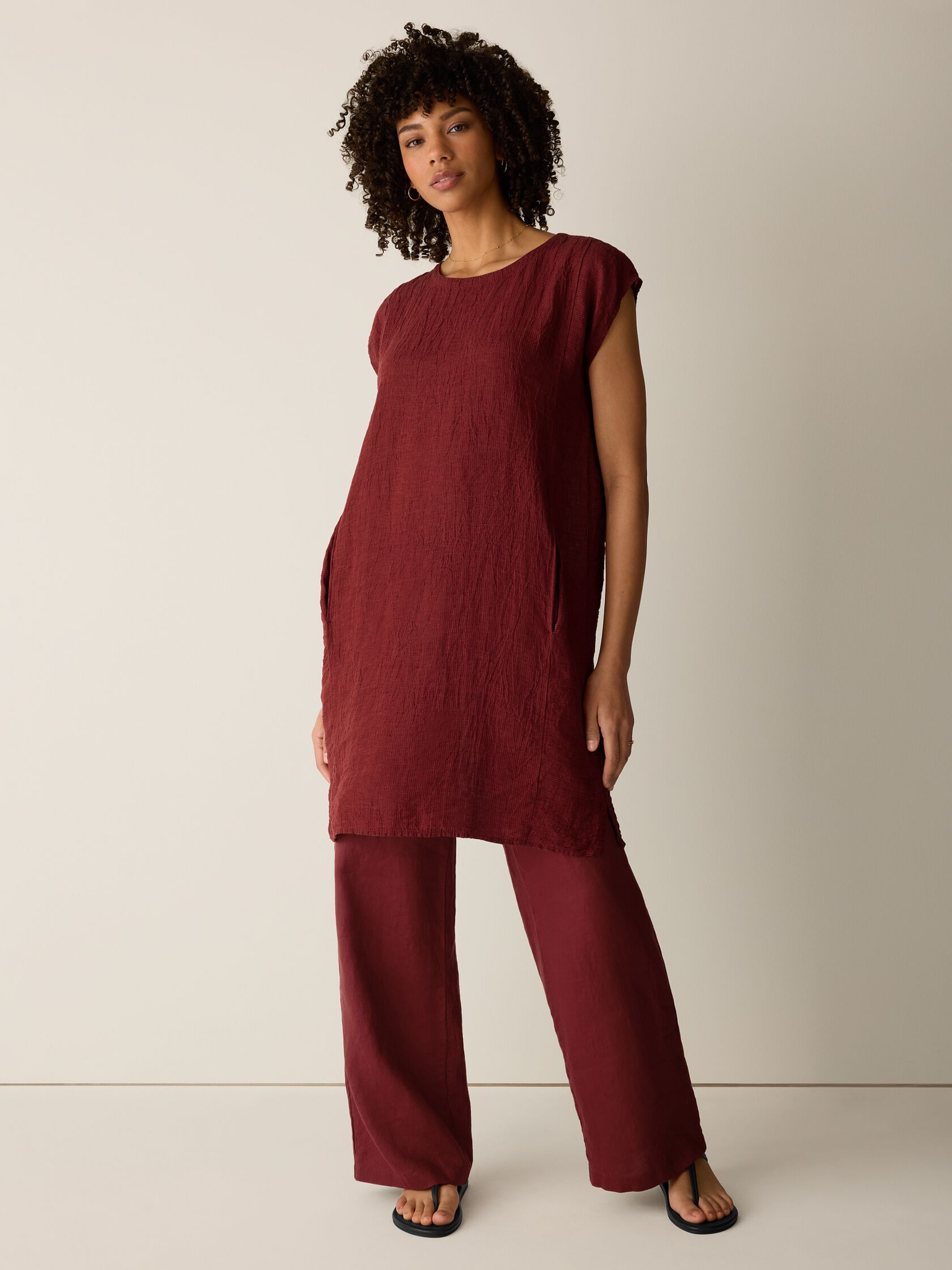 Puckered Organic Linen Stripe Jewel Neck Dress