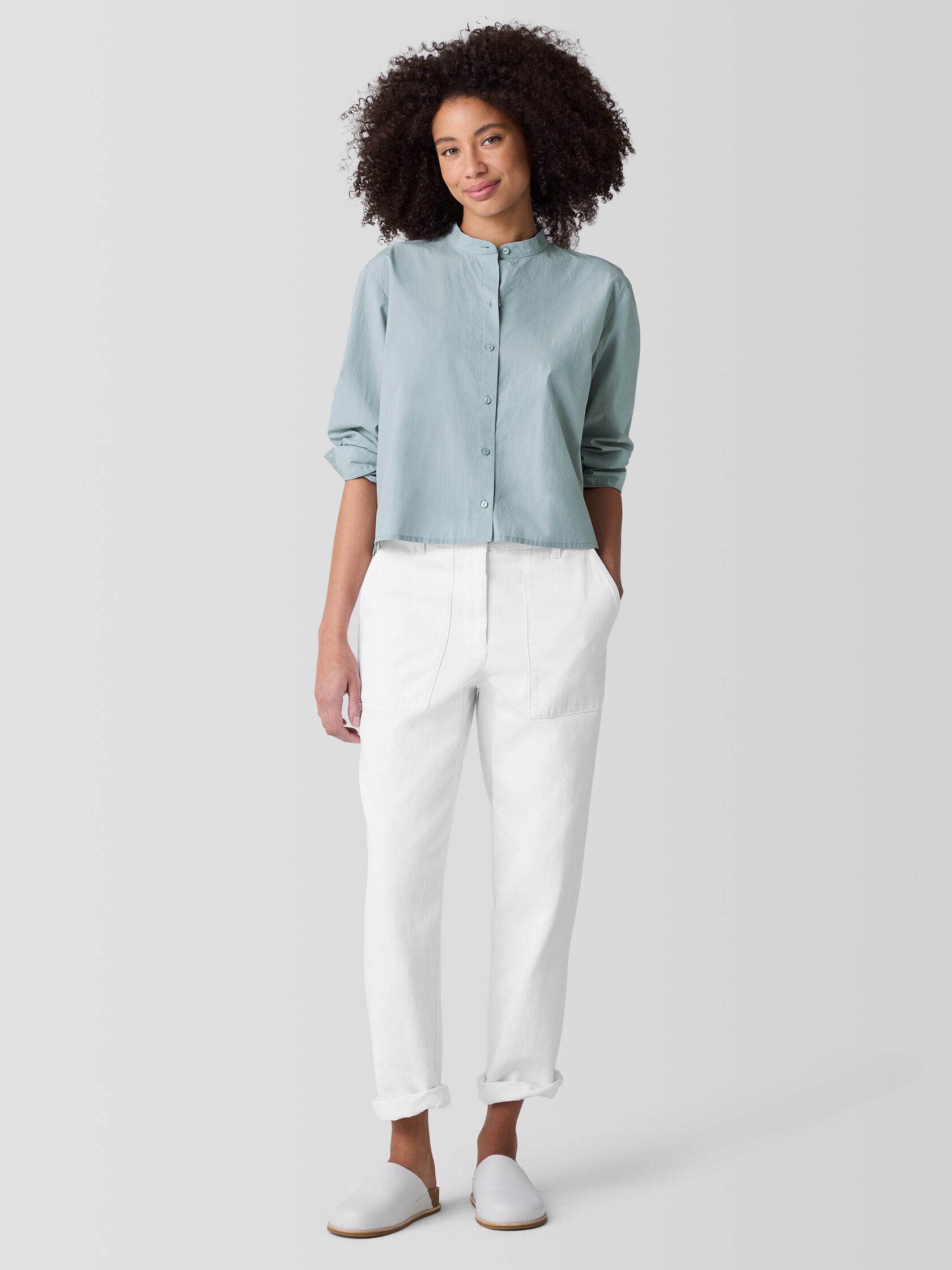 Washed Organic Cotton Poplin Band Collar Short Shirt
