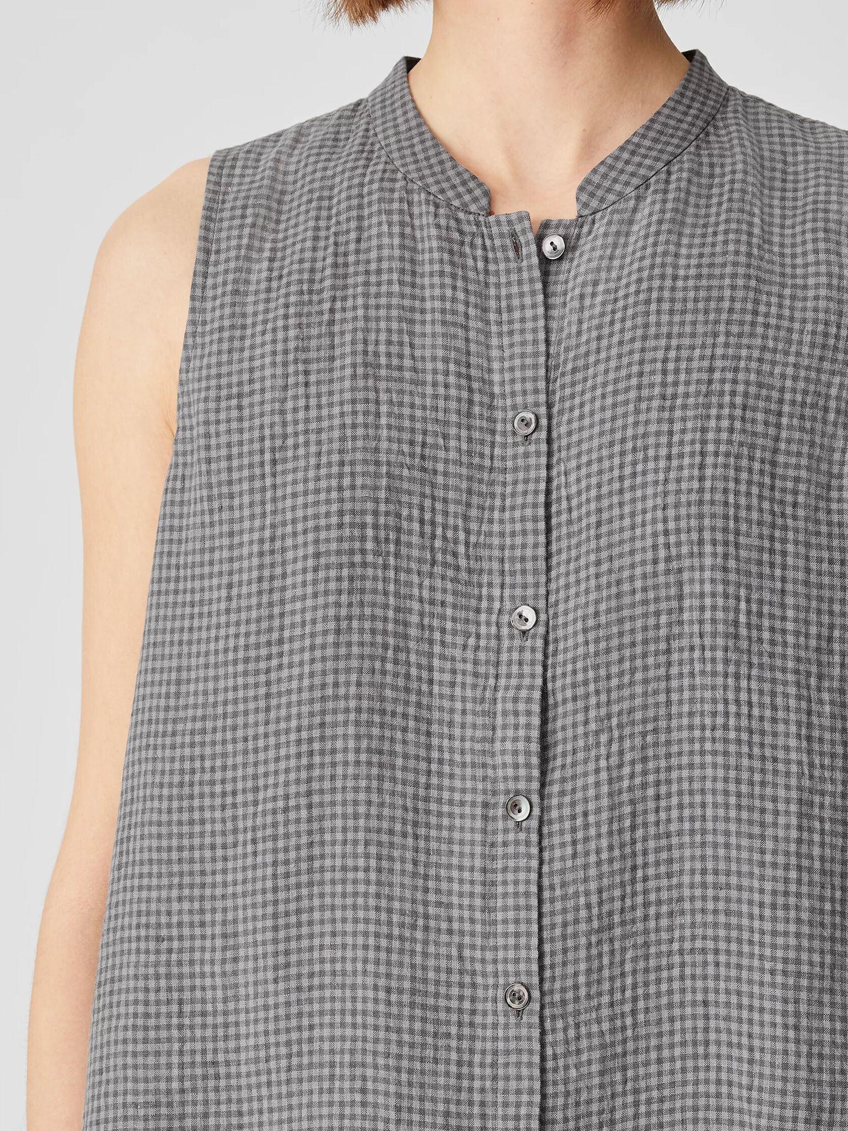 Puckered Organic Linen Mandarin Collar Shirt