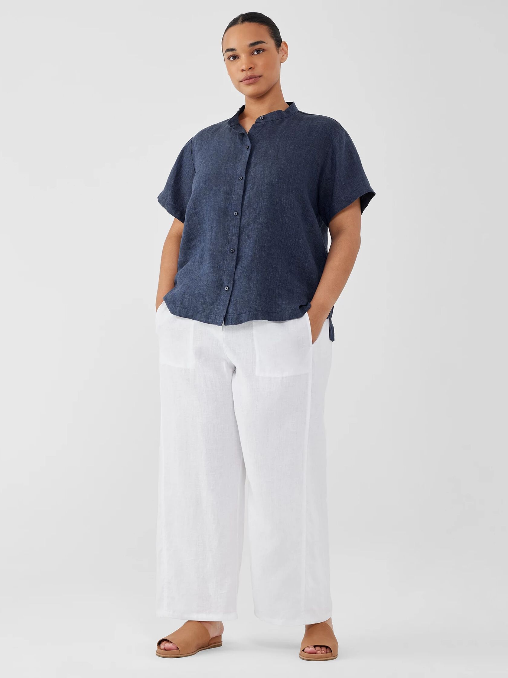 Washed Organic Linen Délavé Band Collar Shirt