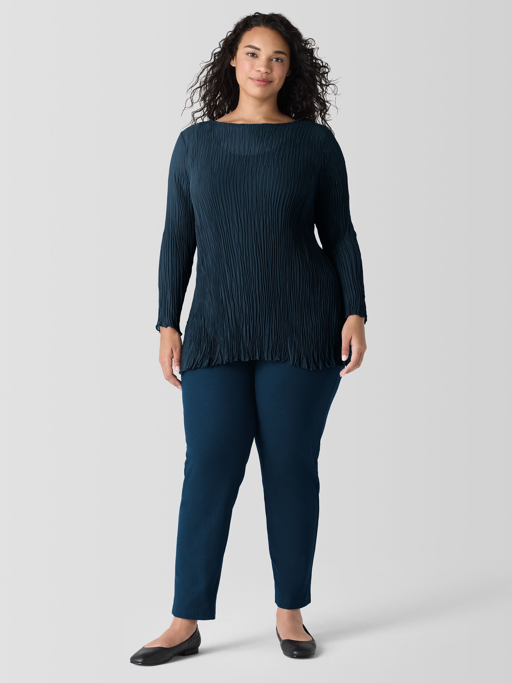 Crinkled Sheer Silk Georgette Bateau Neck Long Top