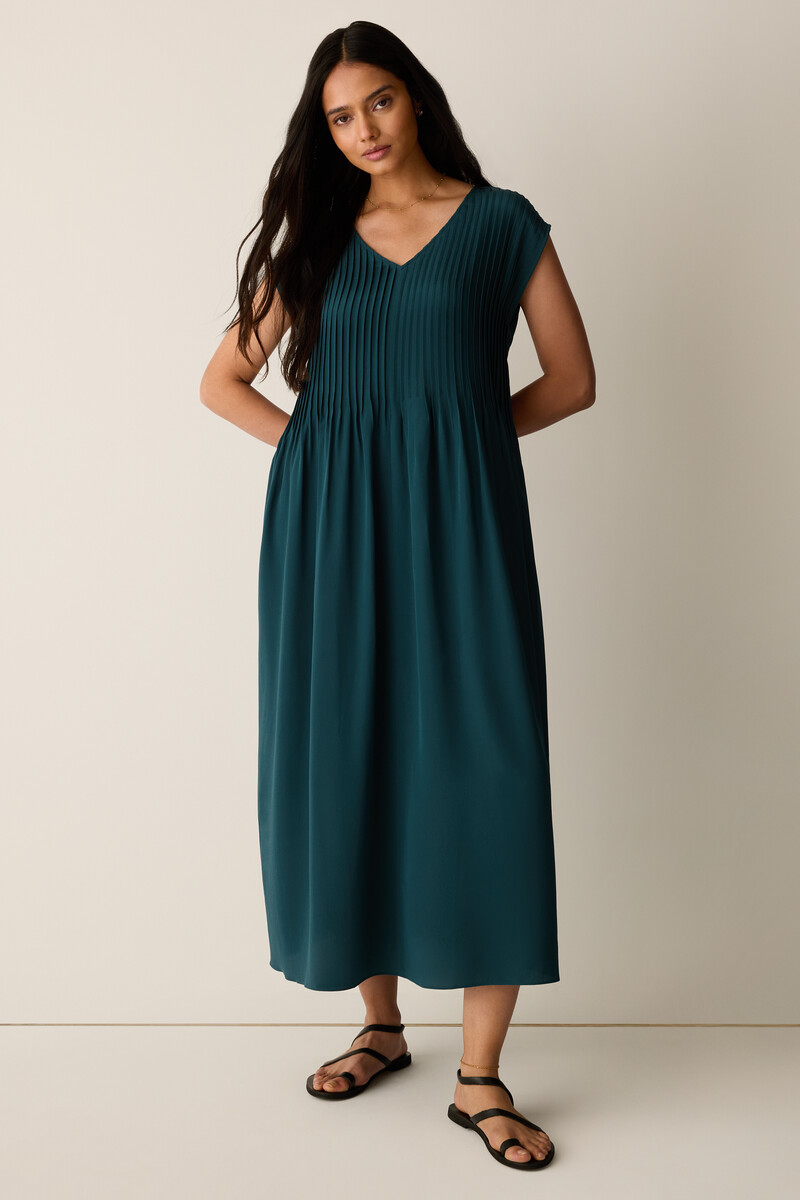 eileen fisher green dress Eileen Fisher Washed Organic Linen Delave Point Collar Short Sleeve Button Front Dress, Womens, L, Feild