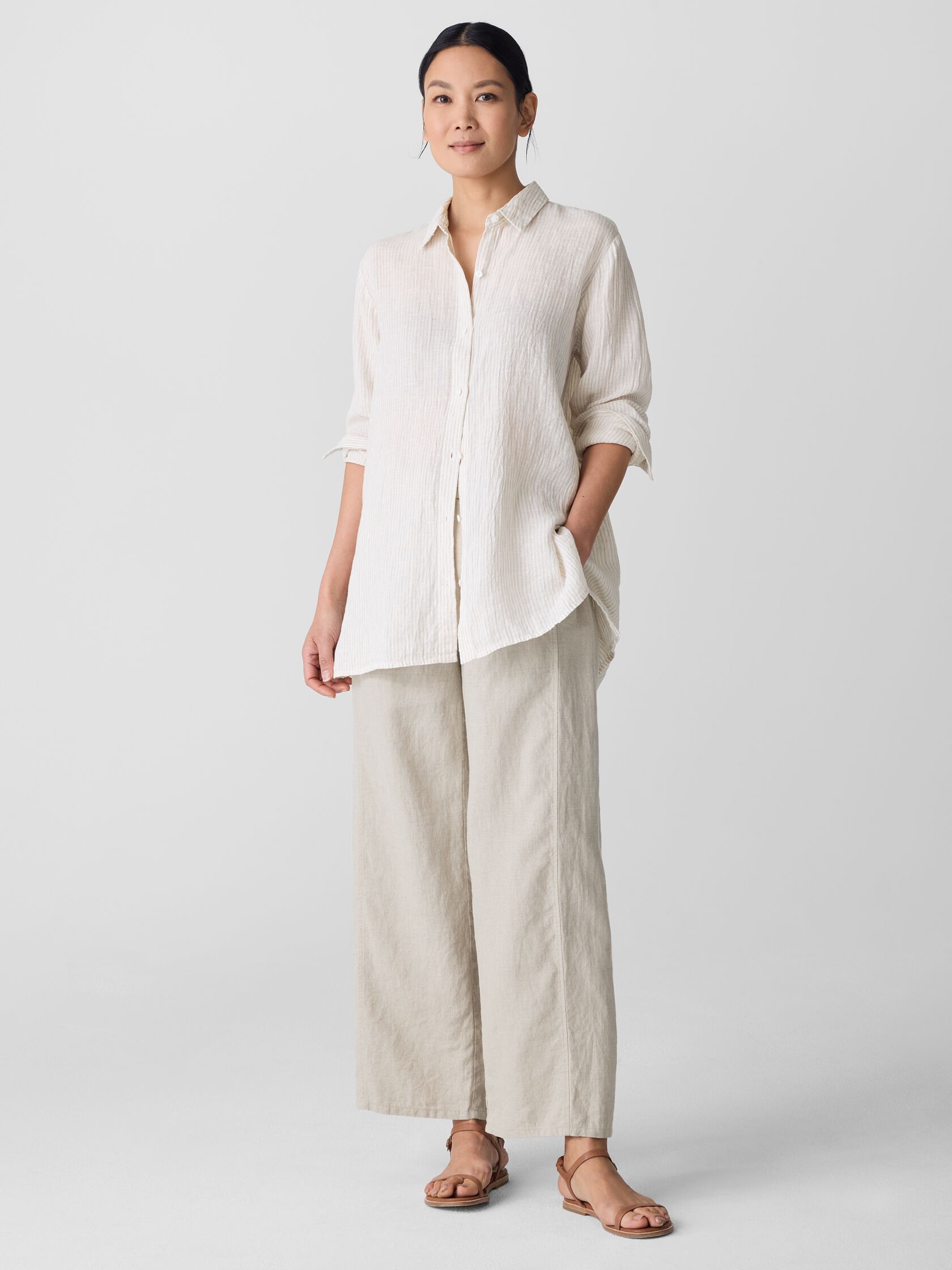 Puckered Organic Linen Stripe Classic Collar Shirt
