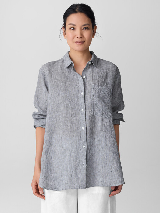 Puckered Organic Linen Stripe Classic Collar Long Shirt