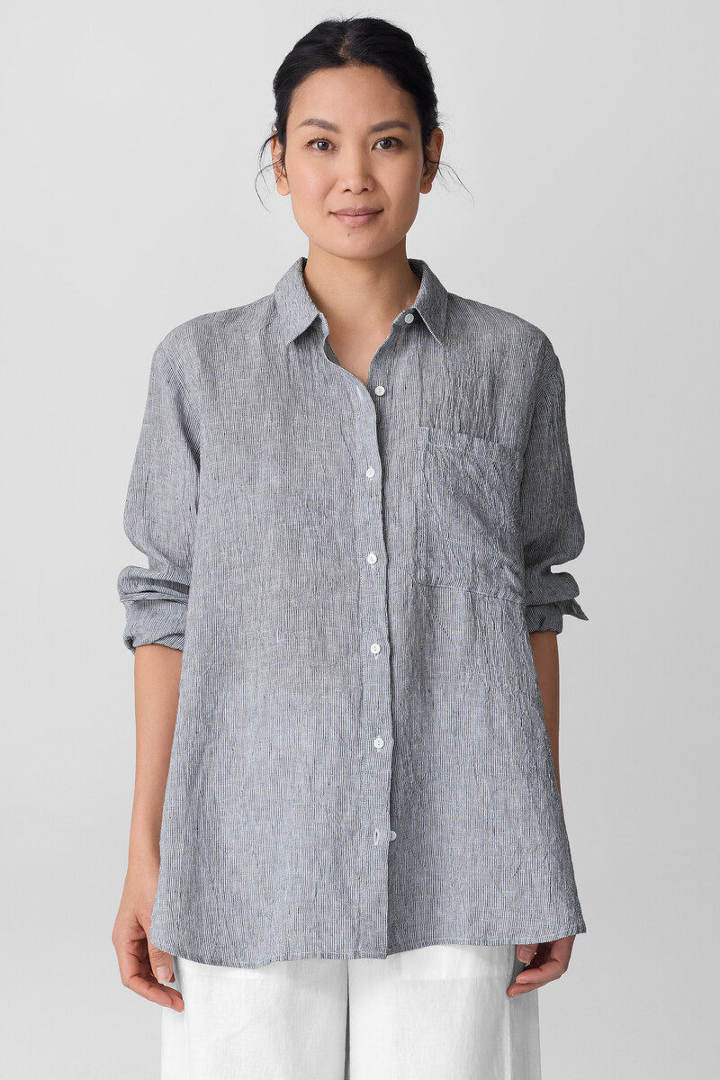 Puckered Organic Linen Stripe Classic Collar Long Shirt Puckered Organic Linen Stripe Classic Collar Long Shirt
