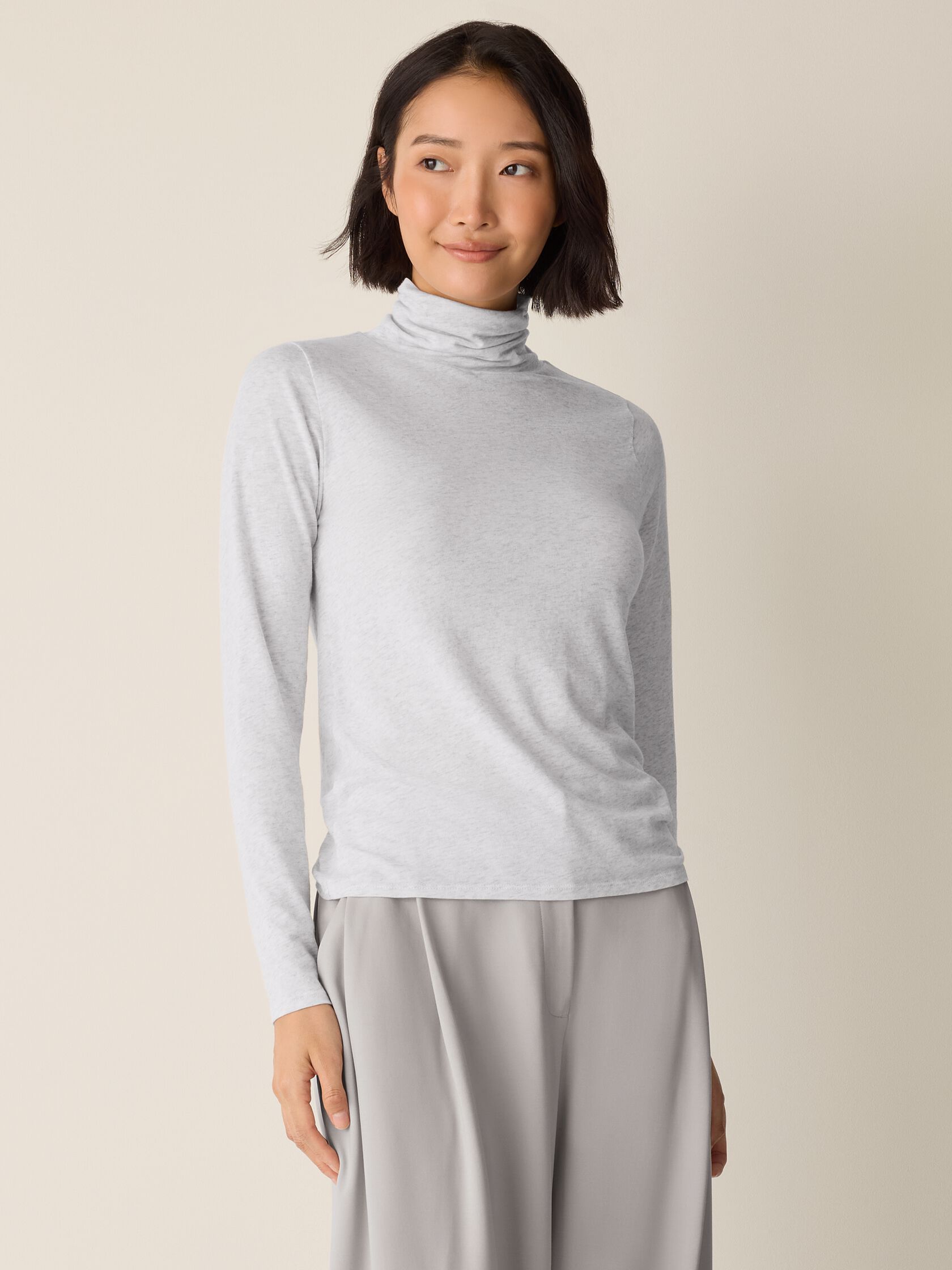Mélange Sheer Cotton Blend Knit Turtleneck Top