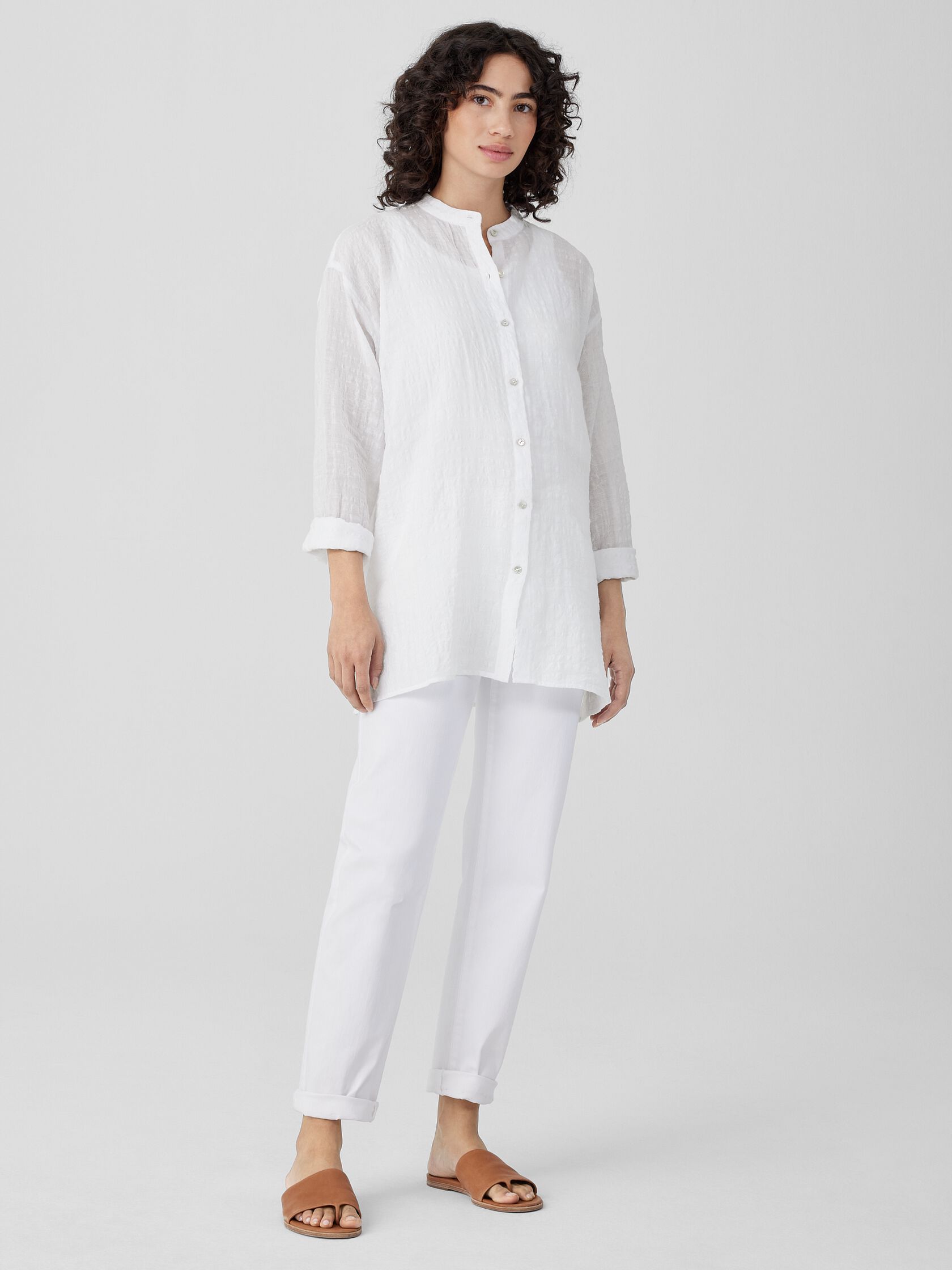 Linen Cotton Sheer Check Mandarin Collar Shirt