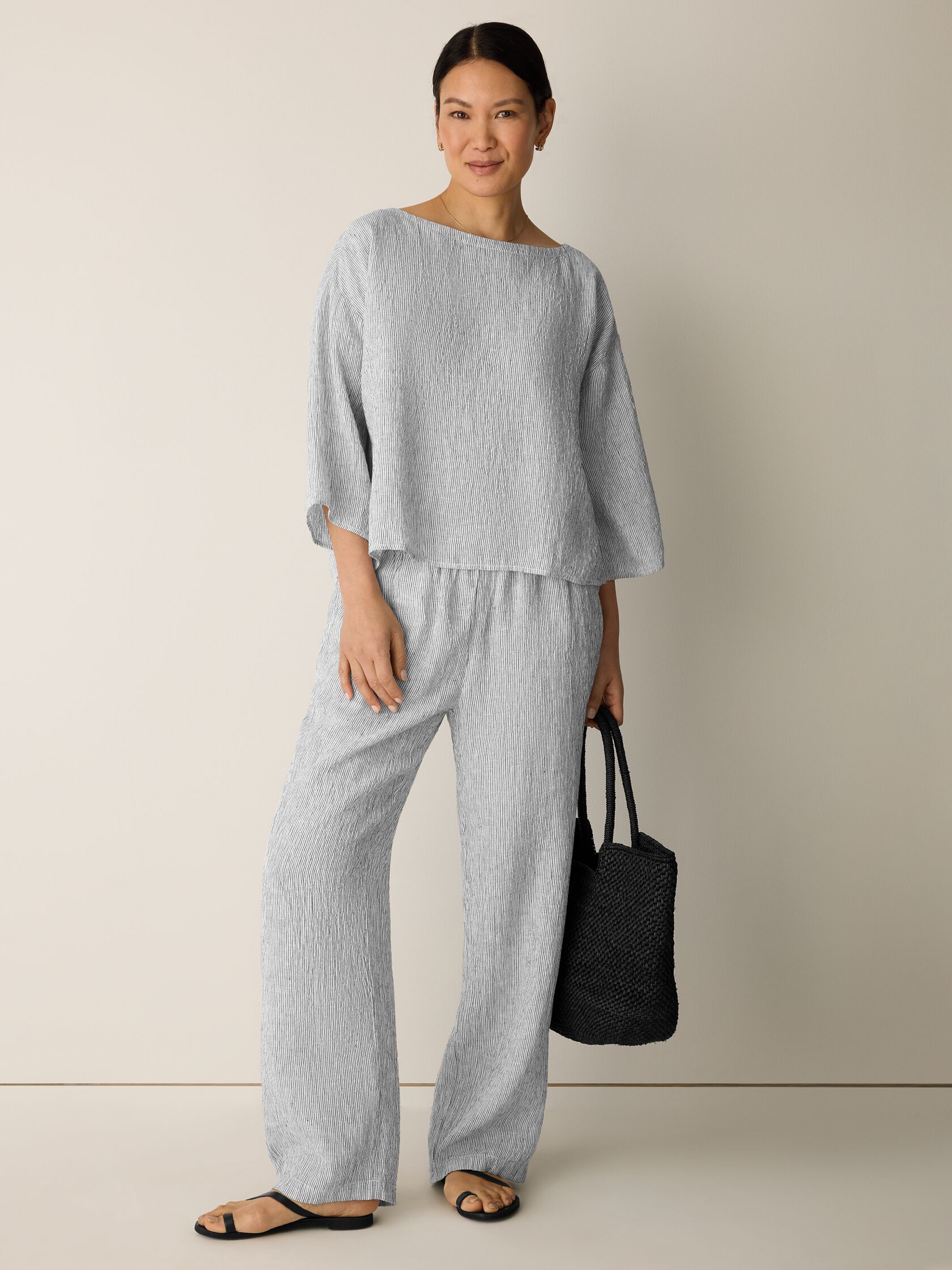 Puckered Organic Linen Stripe Straight Pant