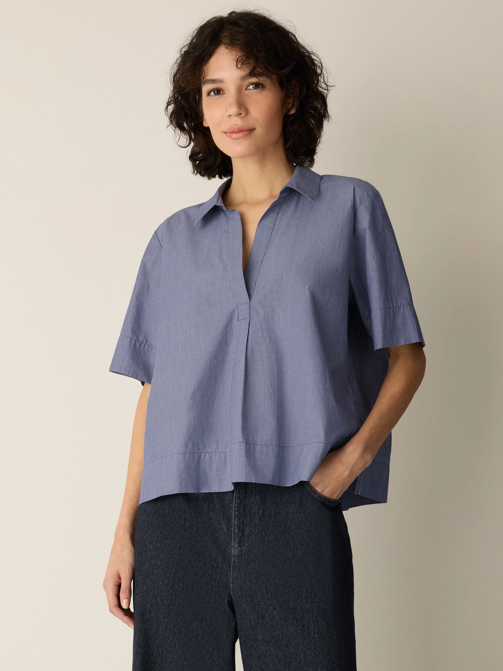 Striped Organic Cotton Poplin Split Neck Top
