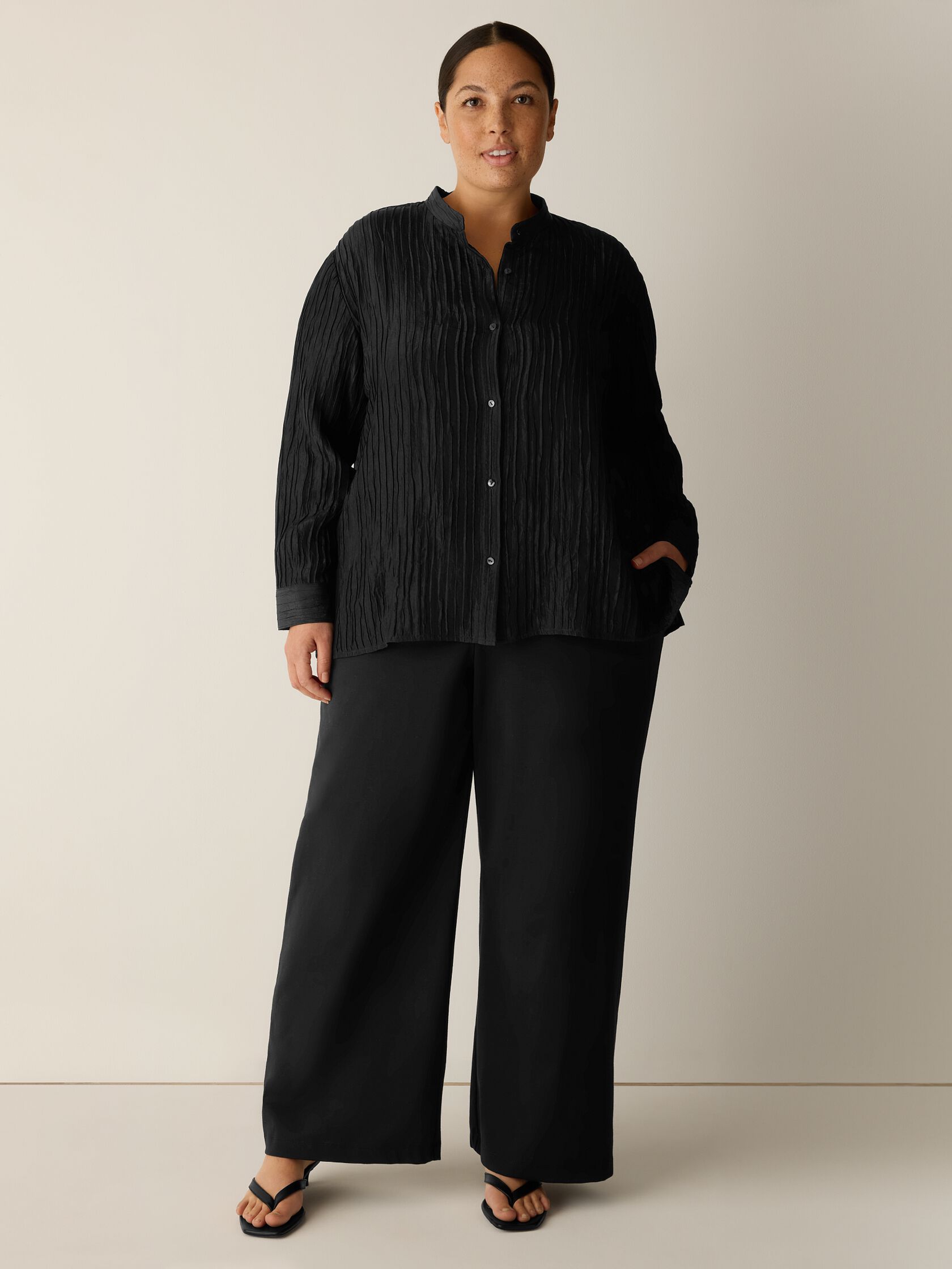 Textured Silk Jacquard Band Collar Shirt