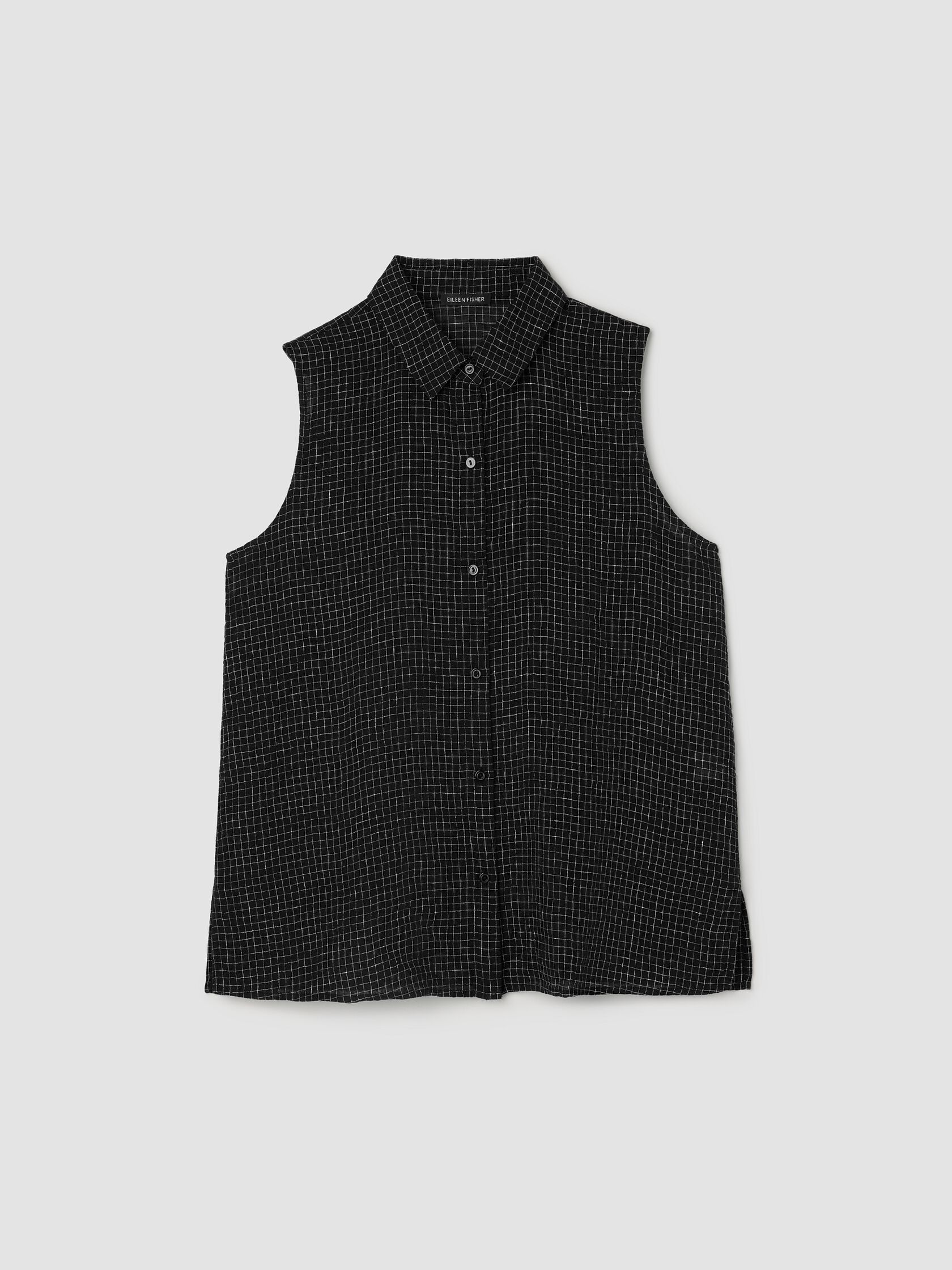 Puckered Organic Linen Grid Sleeveless Shirt