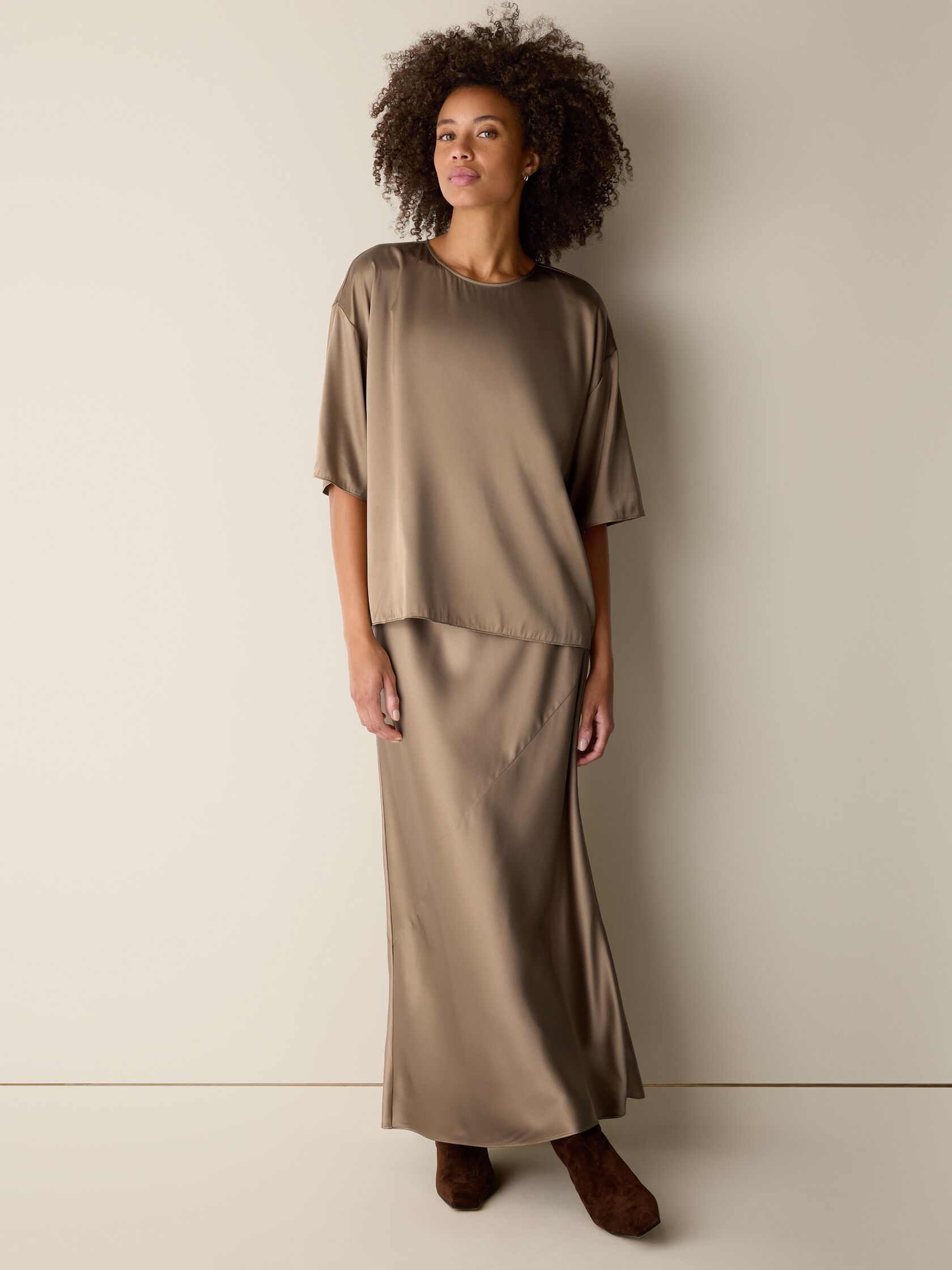 Stretch Silk Charmeuse Round Neck Top
