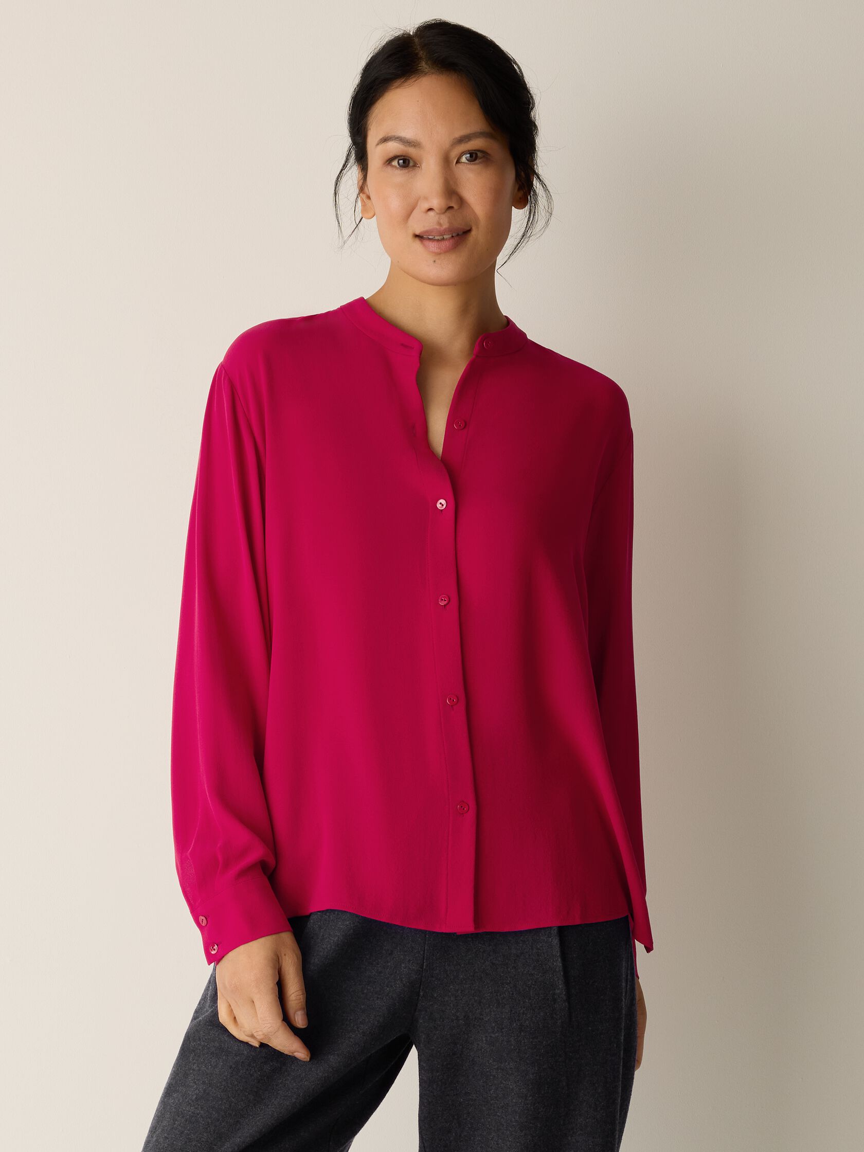 Silk Georgette Crepe Band Collar Top