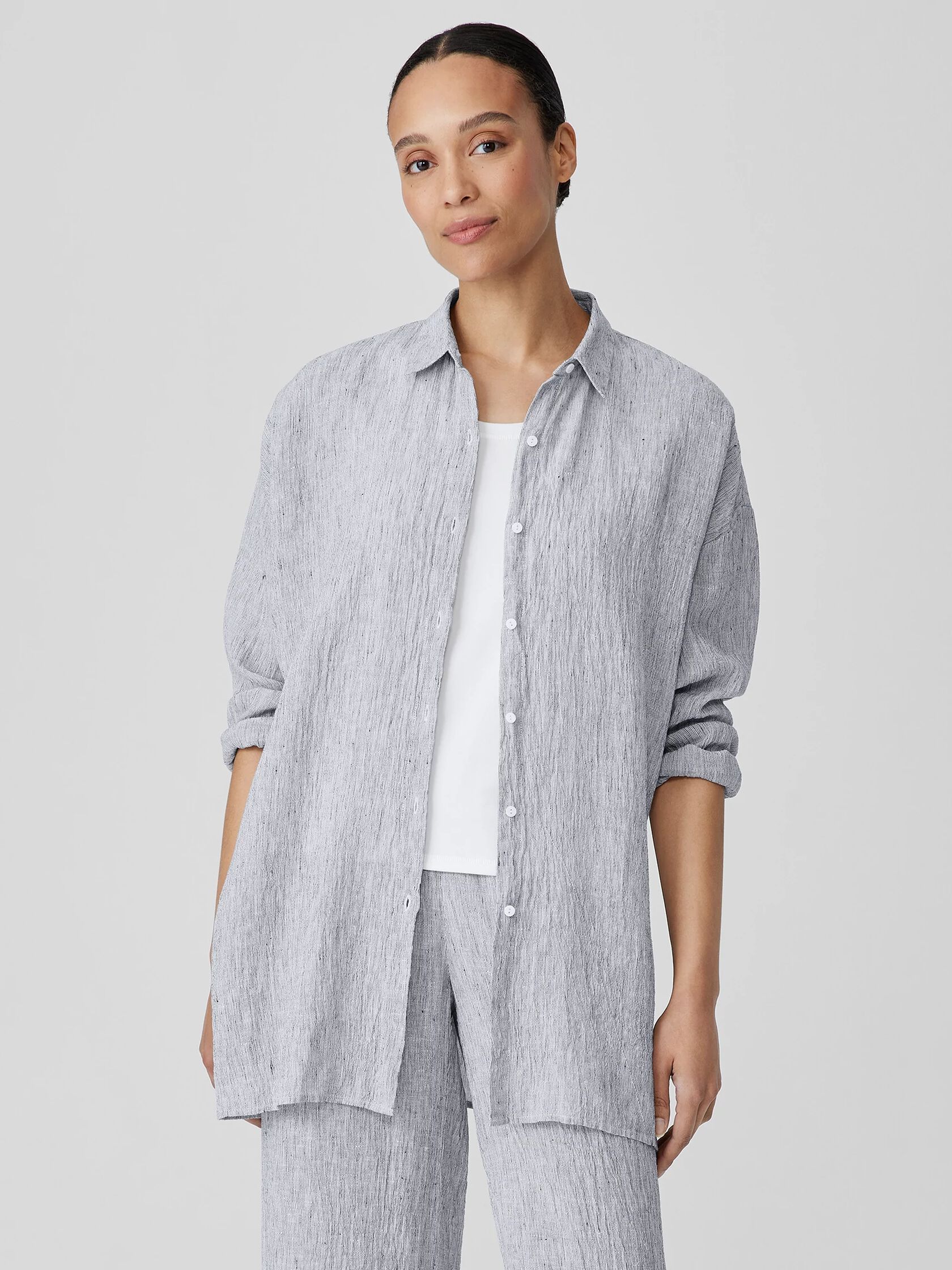 Striped Organic Linen Crinkle Classic Collar Shirt