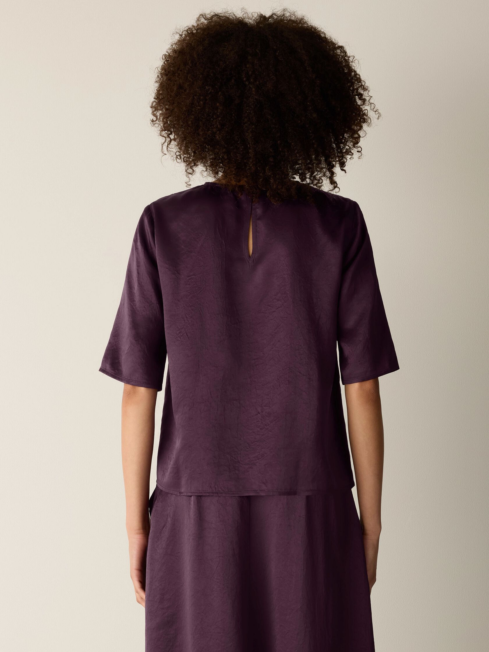 Textured Satin Round Neck Elbow-Sleeve Top