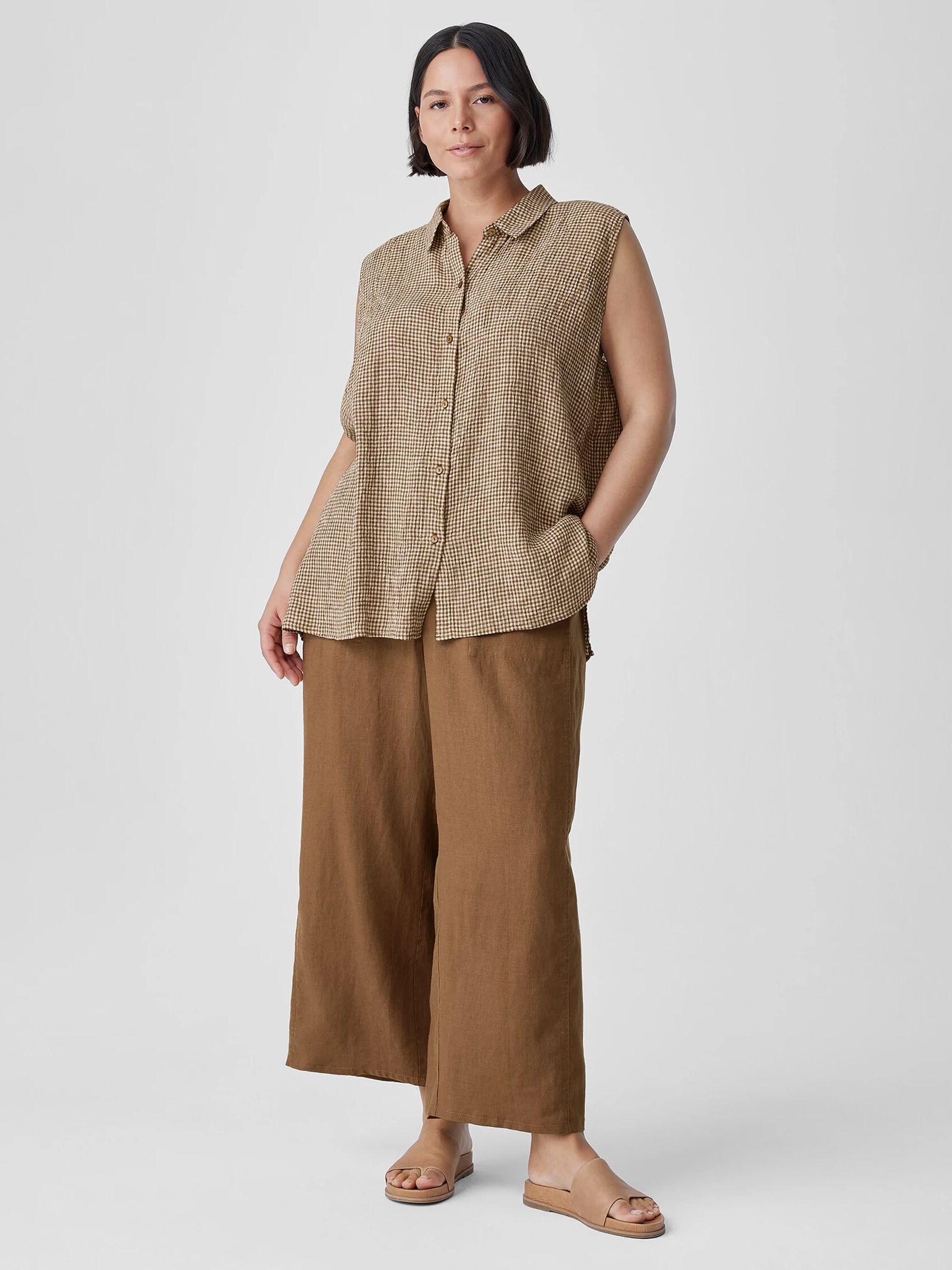 Puckered Organic Linen Sleeveless Shirt