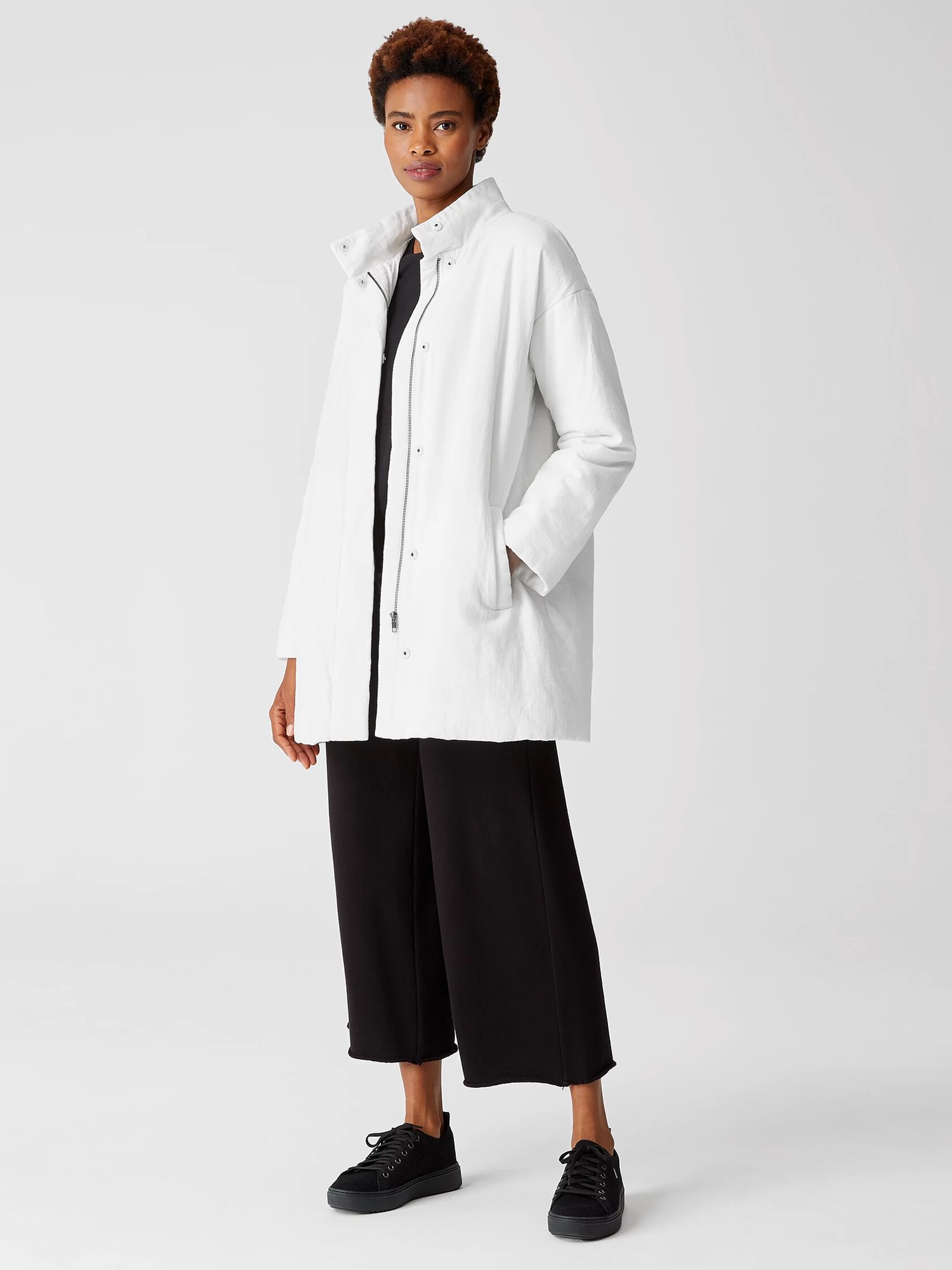 Organic Linen Cotton Crepe Padded Long Coat