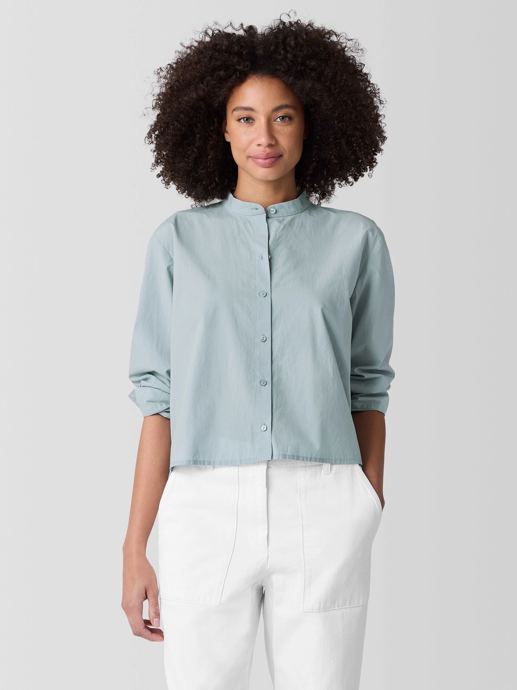 Washed Organic Cotton Poplin Band Collar Short Shirt