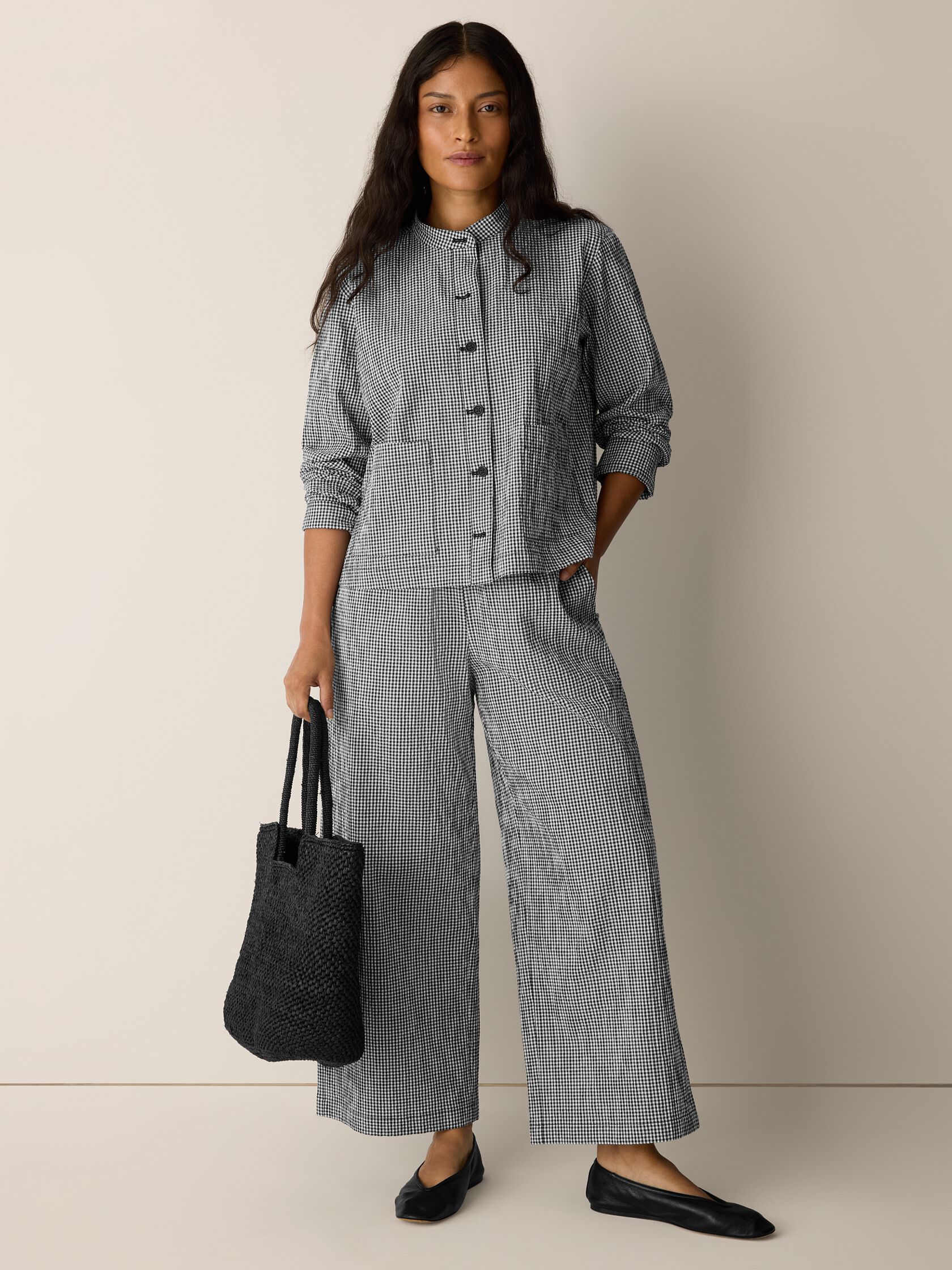 Organic Cotton Pucker Check Wide-Leg Pant