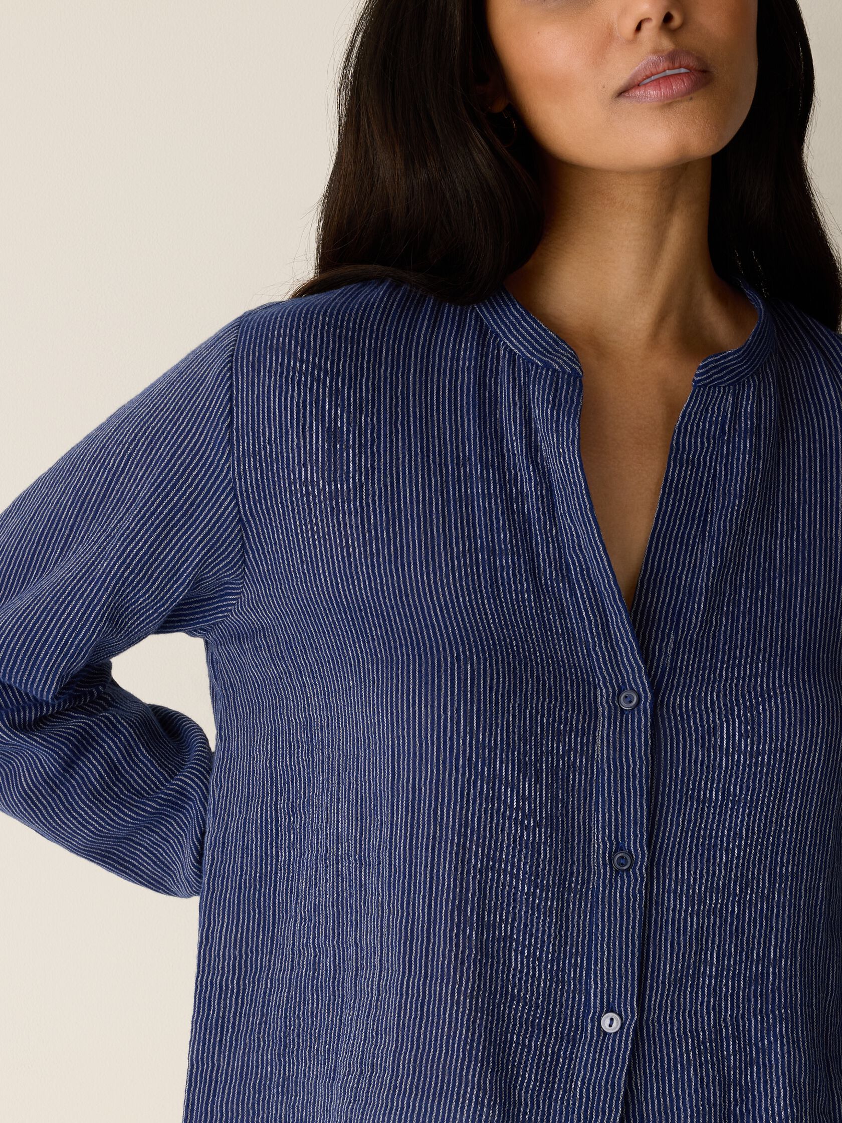 Striped Organic Cotton Gauze Band Collar Shirt