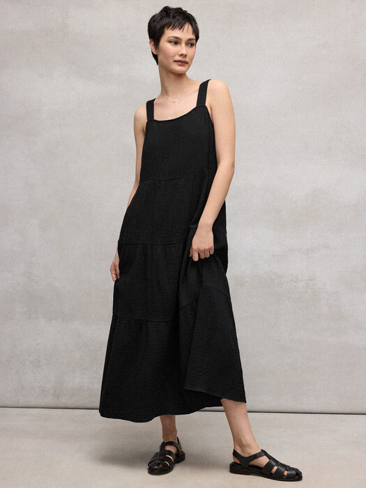 eileen fisher linen dress Organic-Linen Sheen Midi A breezy dress with horizontal seams and shirring to create a tiered silhouette Eileen Fisher - Women's Organic