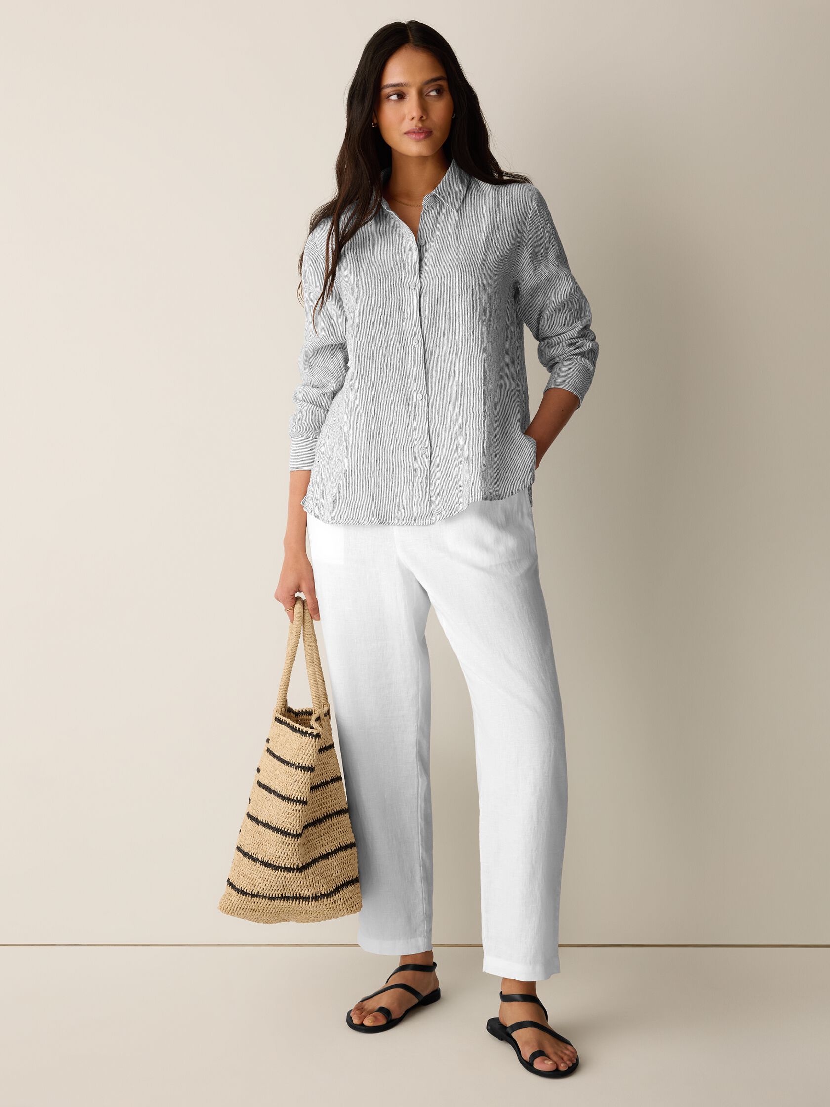 Puckered Organic Linen Stripe Classic Collar Shirt