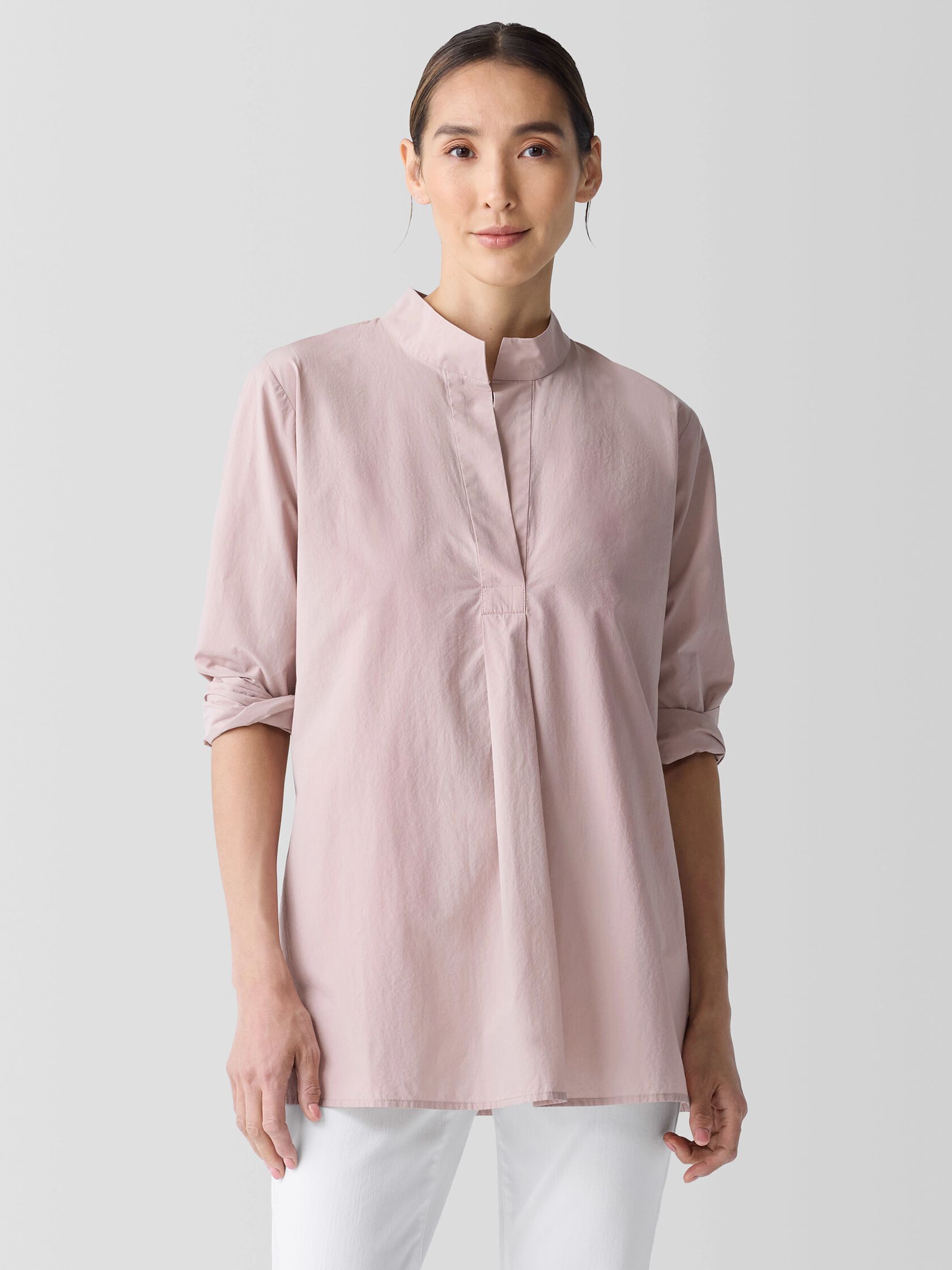 Washed Organic Cotton Poplin Stand Collar Top