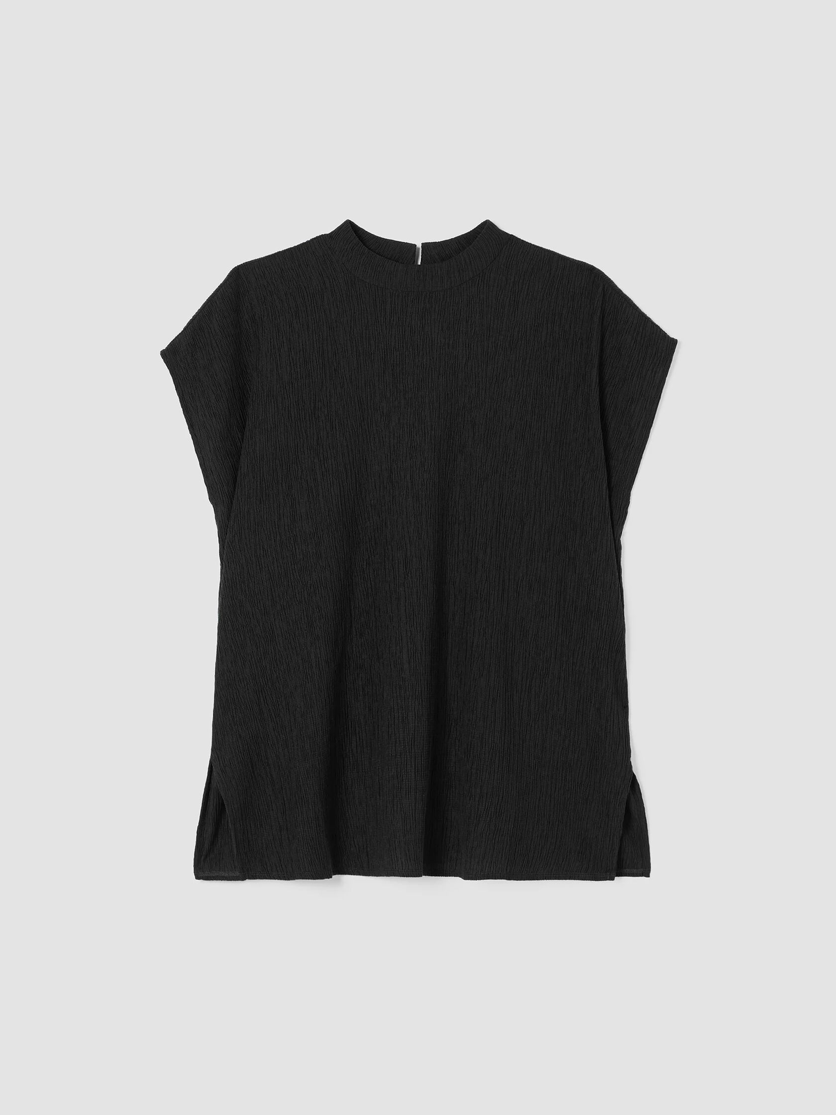 Woven Plissé Mock Neck Top