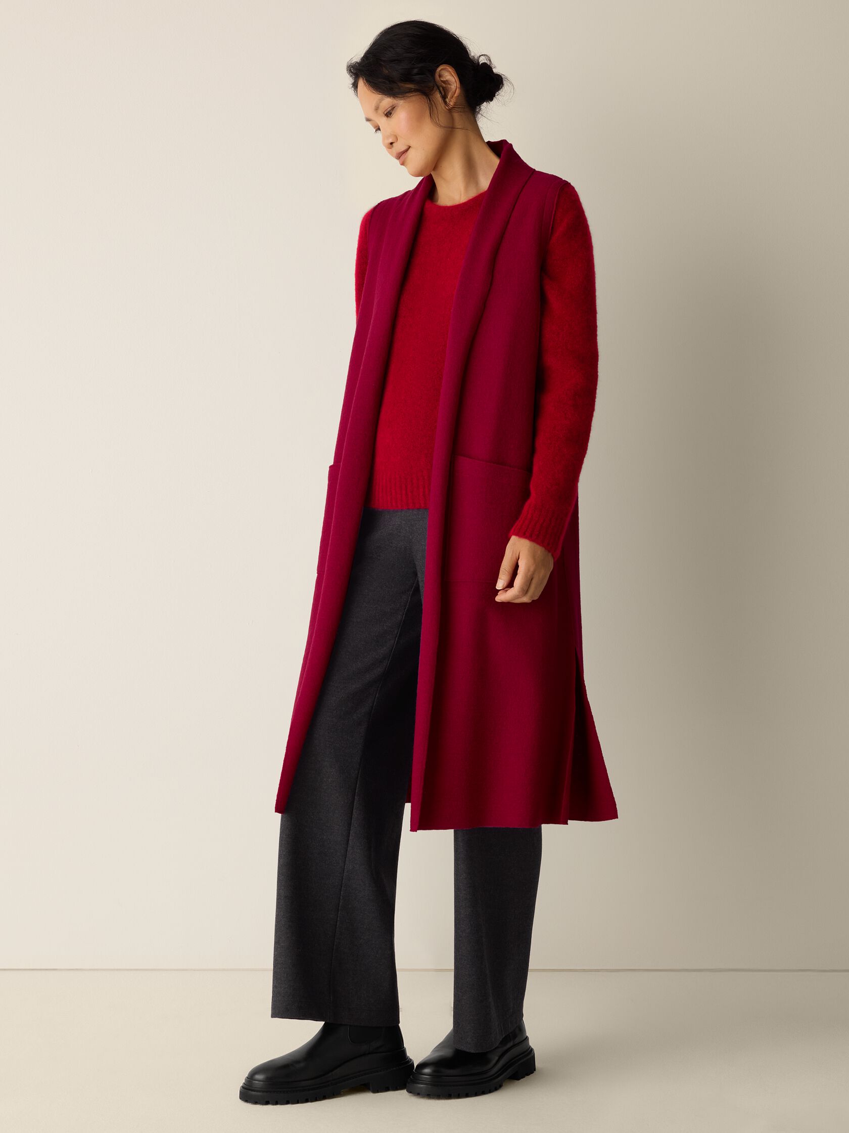Lightweight Boiled Wool Shawl Collar Vest in Regenerative Wool