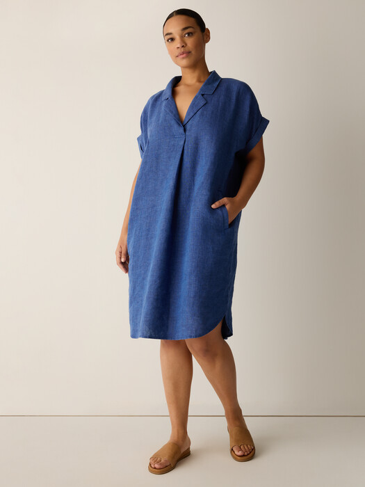 Washed Organic Linen Dlav Notch Collar Dress Washed Organic Linen Dlav Notch Collar Dress