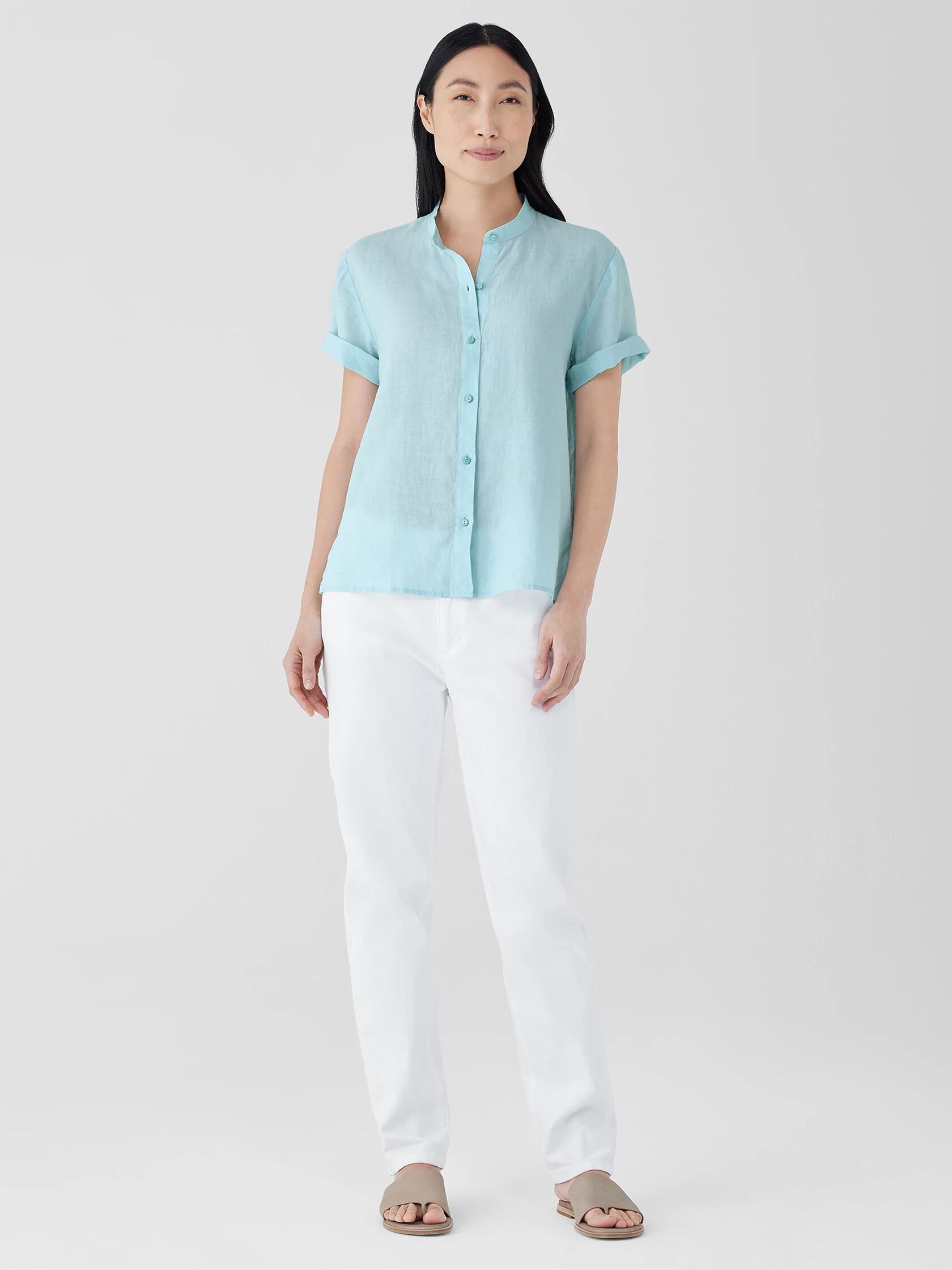 Organic Handkerchief Linen Band Collar Short-Sleeve Shirt