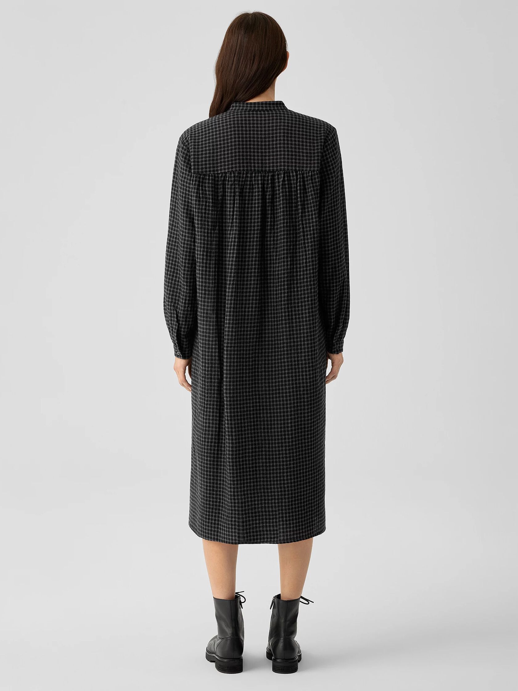 Wool Cotton Check Mandarin Collar Shirtdress