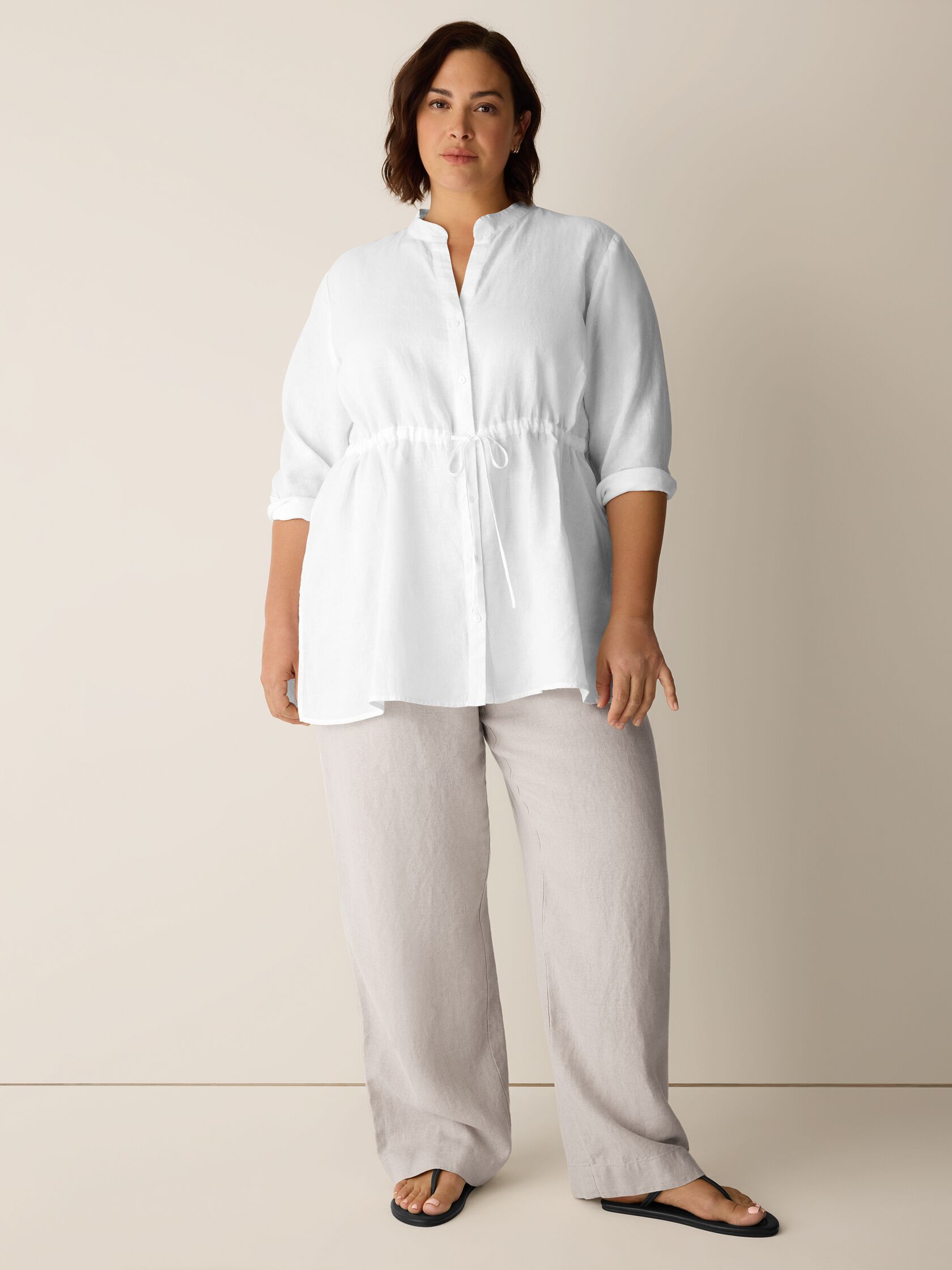 Organic Handkerchief Linen Band Collar Drawstring Shirt