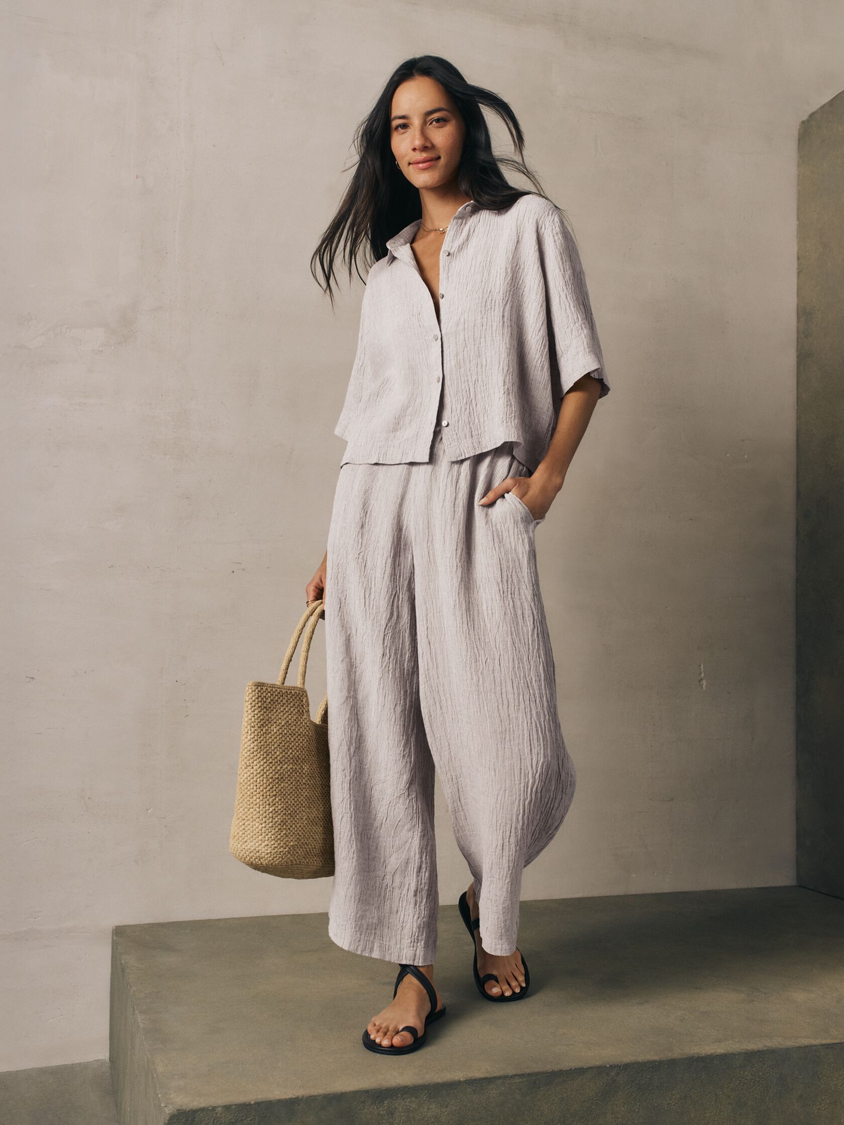 Puckered Organic Linen Stripe Elbow-Sleeve Shirt